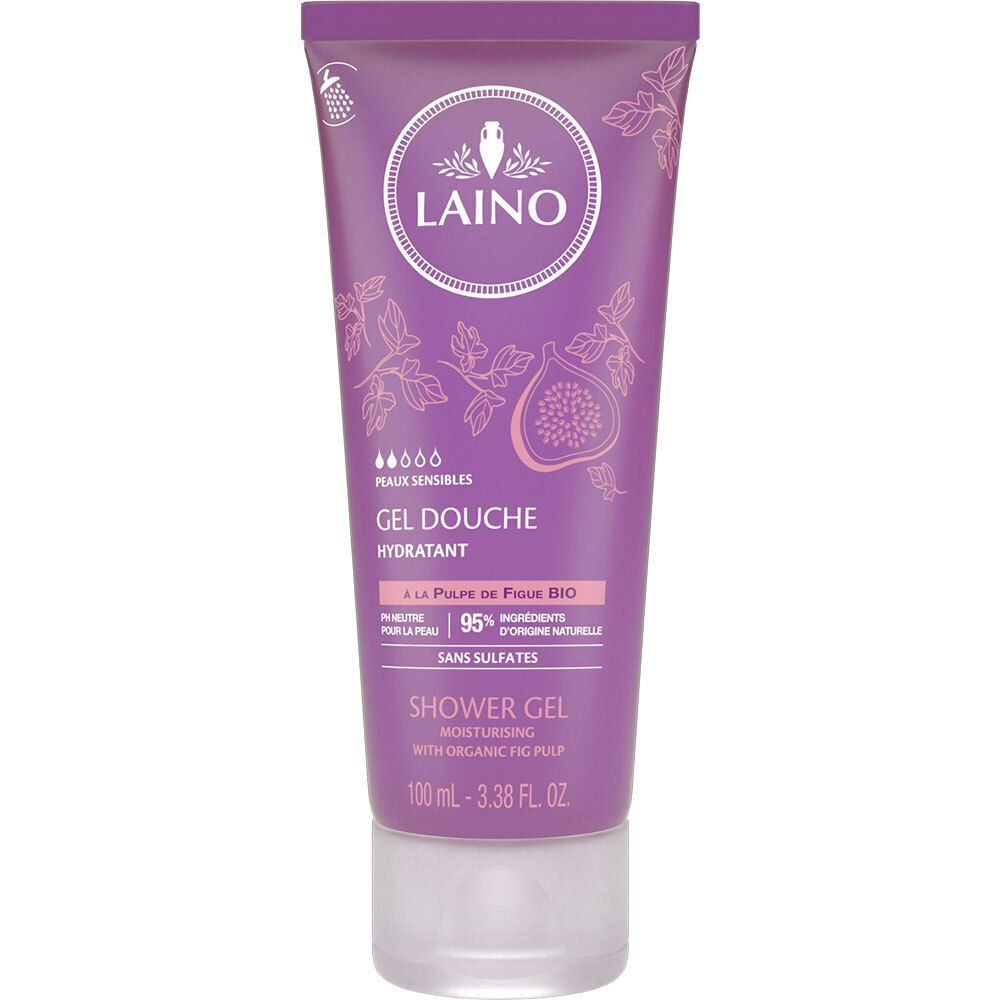 Tube violet avec logo LAINO, texte « Gel Douche Hydratant » et illustration de figue. Contient 95% d'ingrédients d'origine naturelle.