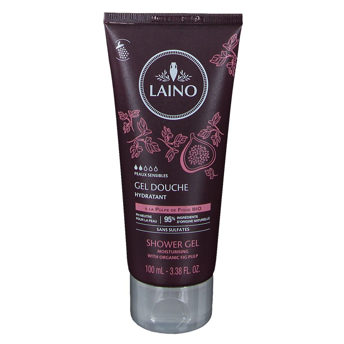 Tube marron avec logo LAINO, texte « Gel Douche Hydratant » et illustration de figue. Contient 95% d'ingrédients d'origine naturelle.