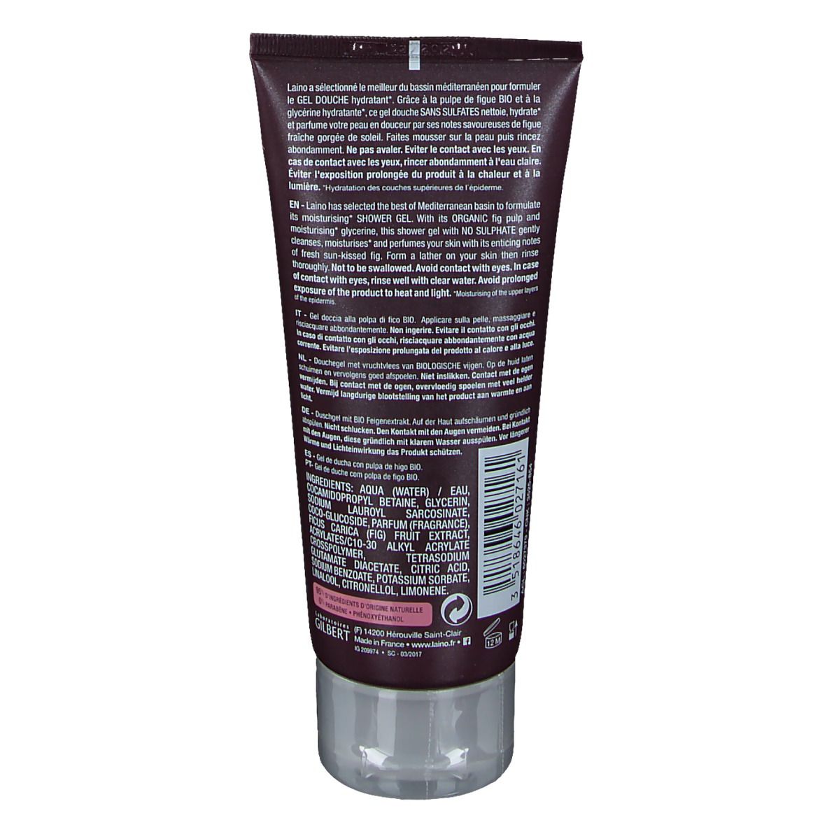 Dos du tube avec texte en plusieurs langues. Fermeture transparente. Nom du produit et marque non visibles.