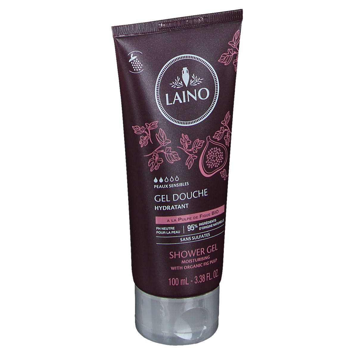 Tube marron avec logo LAINO, texte « Gel Douche Hydratant » et illustration de figue. Contient 95% d'ingrédients d'origine naturelle.
