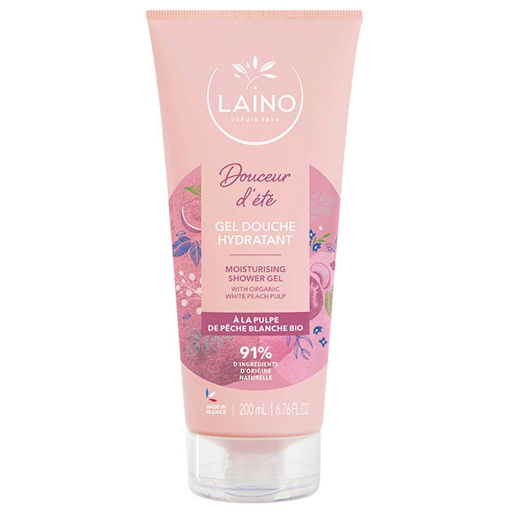 Tube rose avec logo LAINO et 'Douceur d'été'. Gel douche hydratant à la pêche blanche bio, 91% d'ingrédients d'origine naturelle.