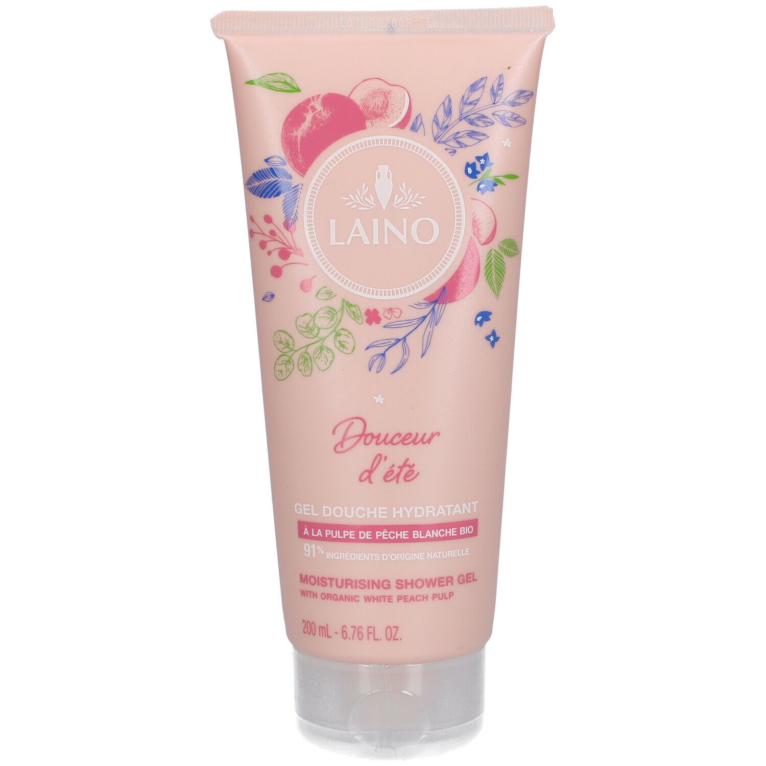 Tube rose avec logo LAINO et 'Douceur d'été'. Gel douche hydratant à la pulpe de pêche blanche bio.