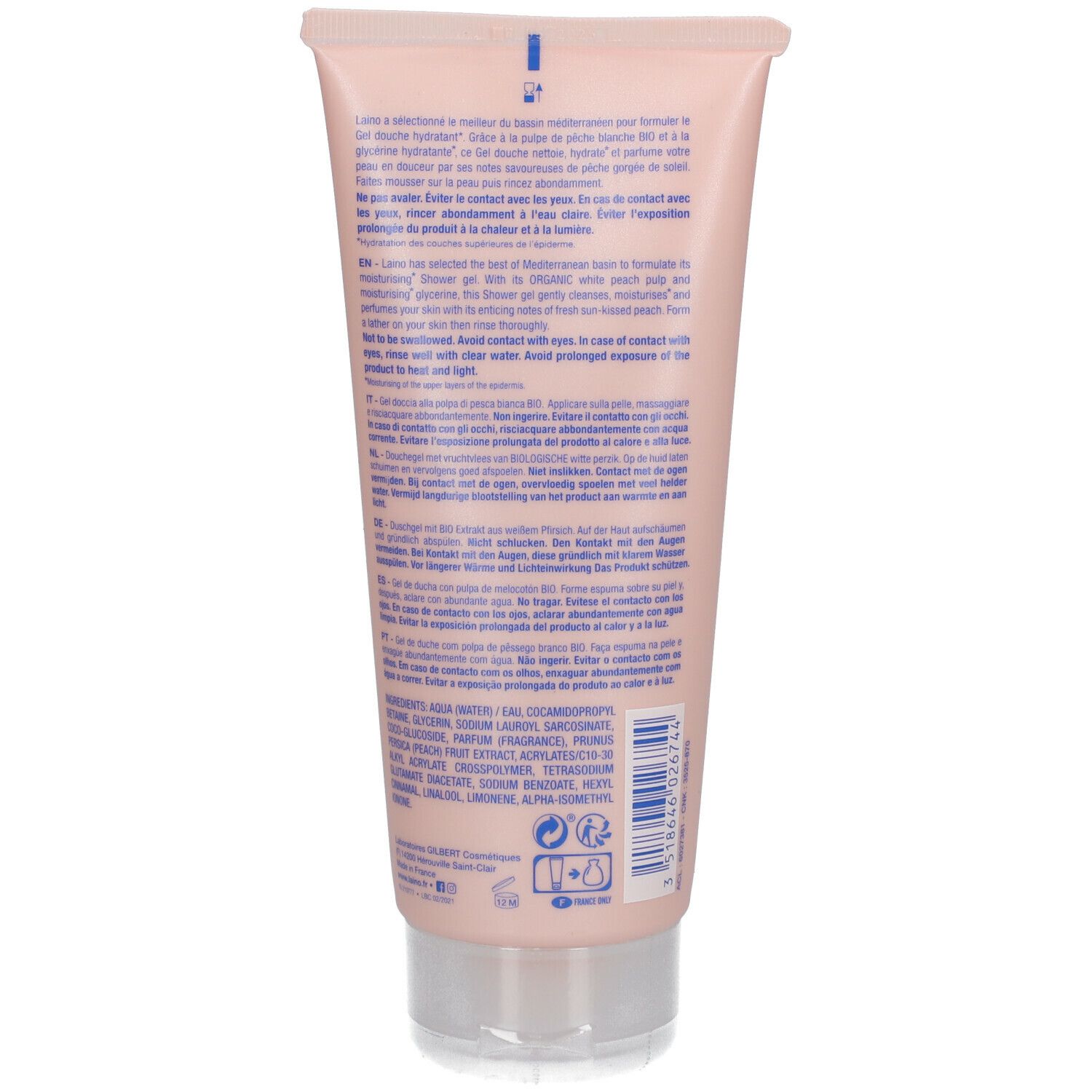 Dos du tube rose avec texte. Informations sur le produit, ingrédients et fabricant.