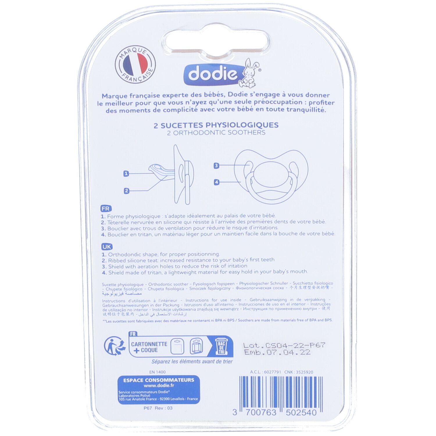 Rückseite der Blisterverpackung mit Produktinformationen und Marke dodie®. Enthält Illustrationen und Text in mehreren Sprachen.