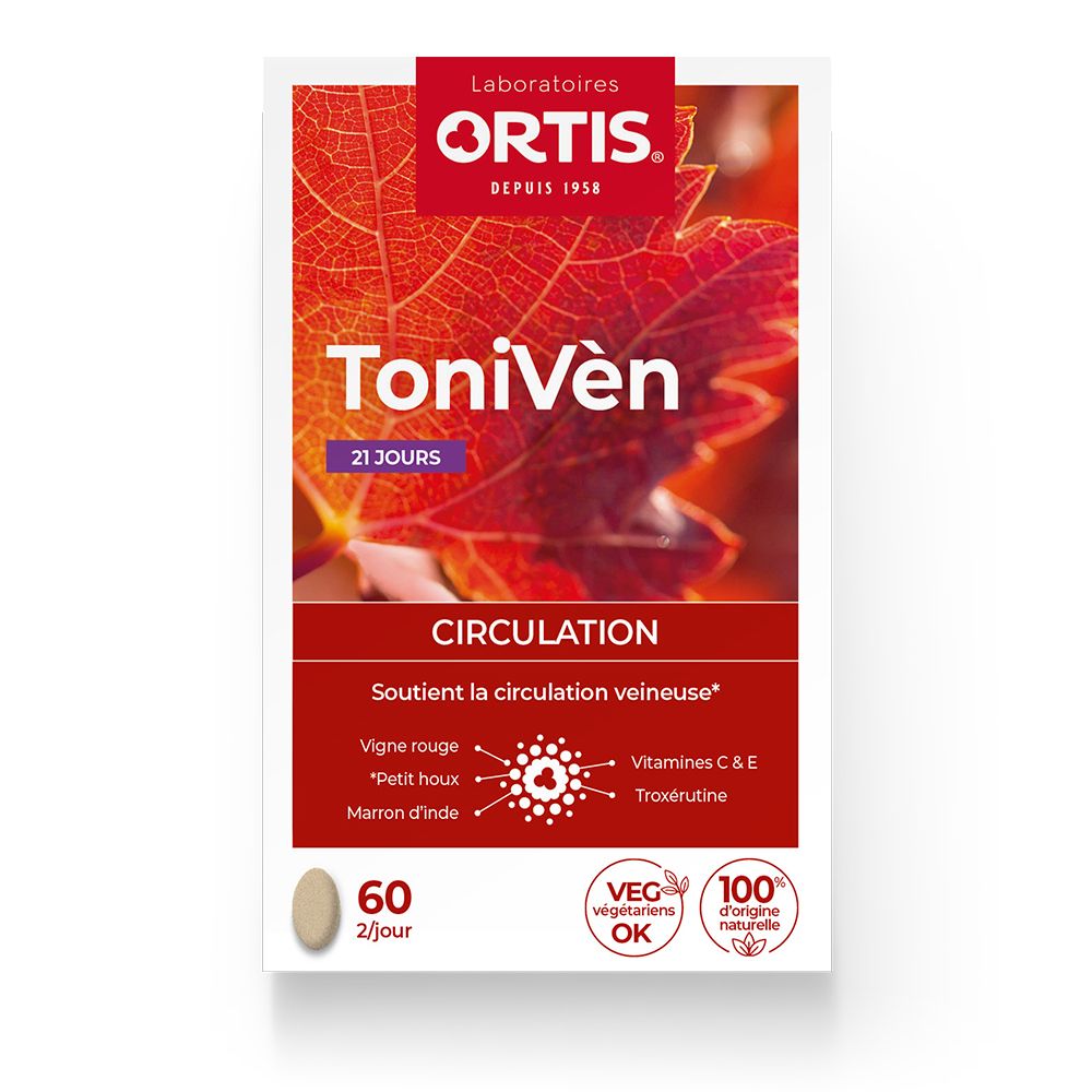 Boîte Ortis Toniven Nueva Fórmula. Fond de feuilles rouges. Inscriptions : Toniven, 21 jours, Circulation, 60 comprimés, Veg OK, 100% naturel.
