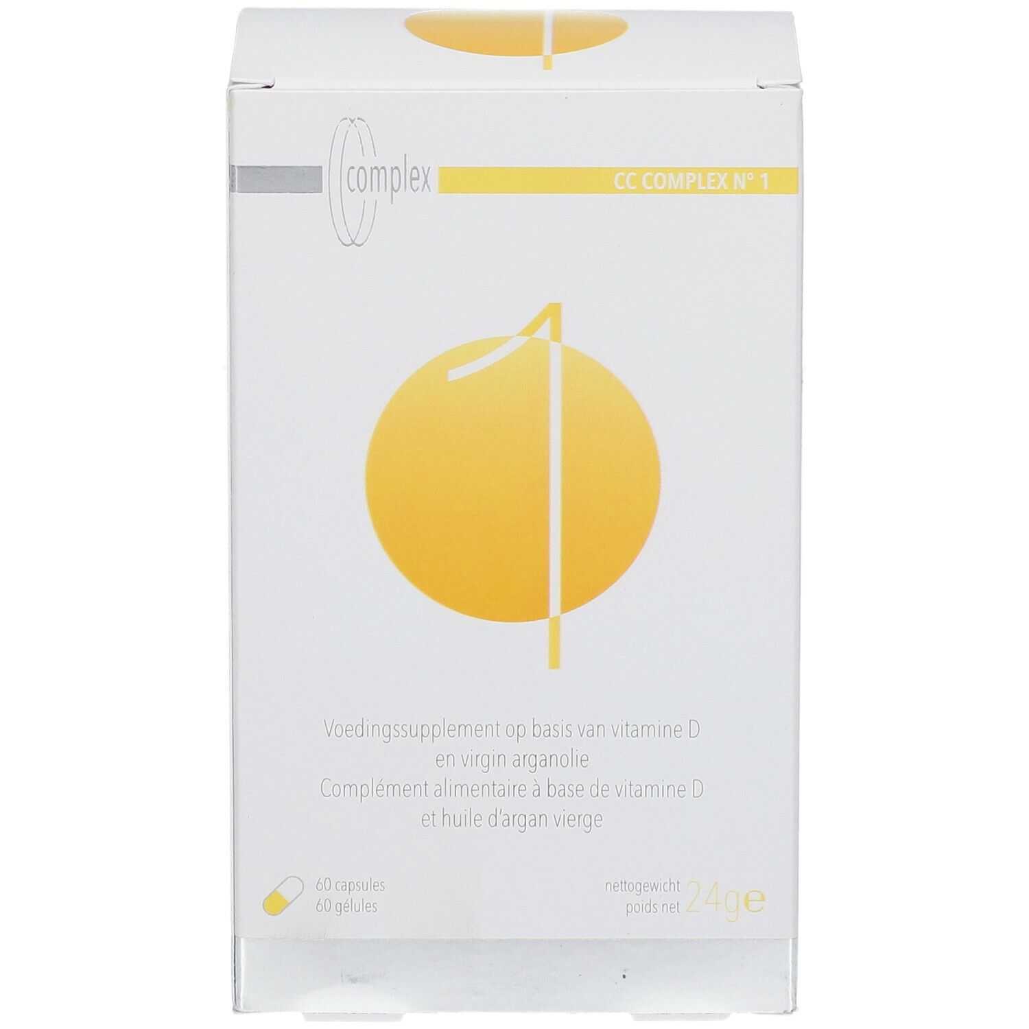 Witte doos met CC-Komplex Nr. 1. Meertalige opschriften. Geel logo met cirkel en streep. Bevat 60 capsules.