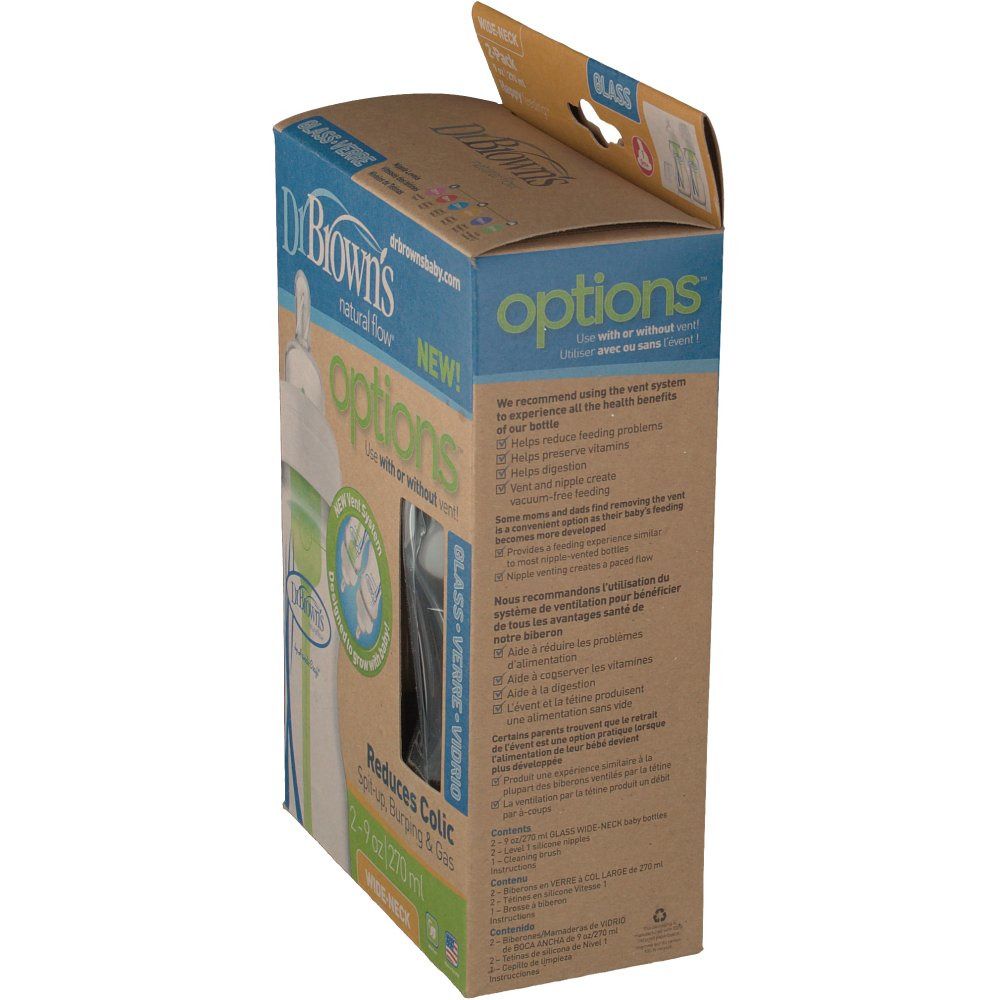 Seitenansicht der Verpackung mit Babyflasche. Text: Dr. Brown's Natural Flow Options. Reduziert Koliken. Informationen zur Flaschenfunktion.
