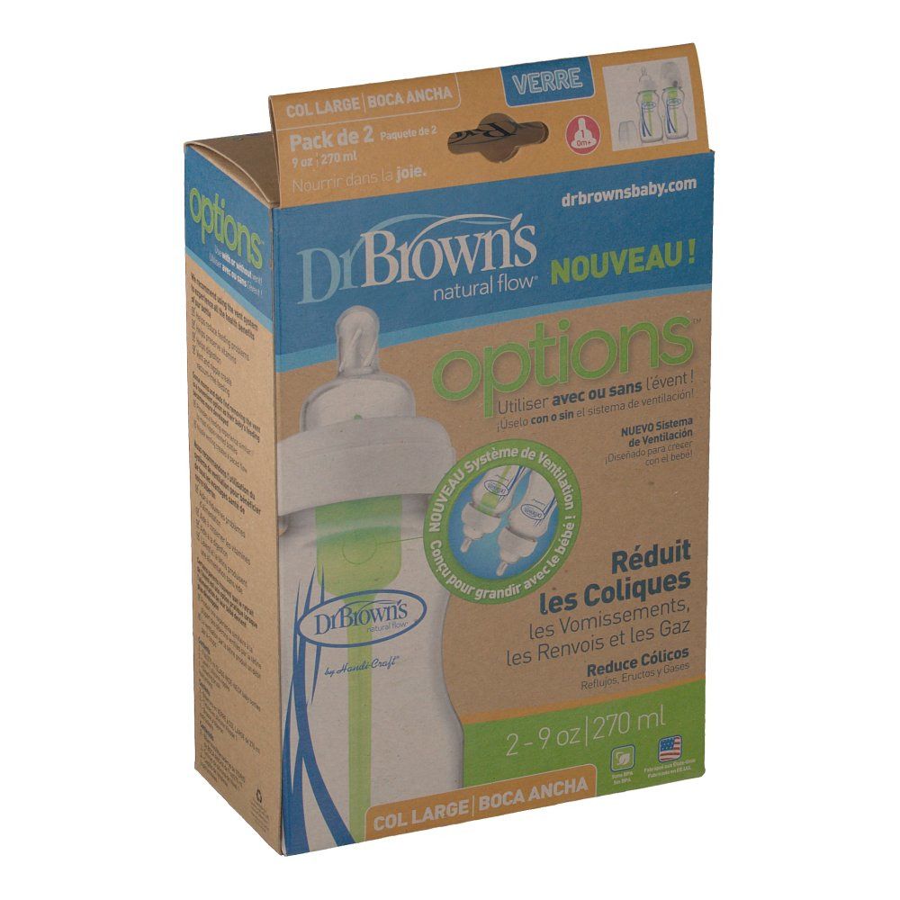 Verpackung mit Babyflasche aus Glas. Aufschrift: Dr. Brown's Natural Flow Options, reduziert Koliken. 2-9 oz / 270 ml.