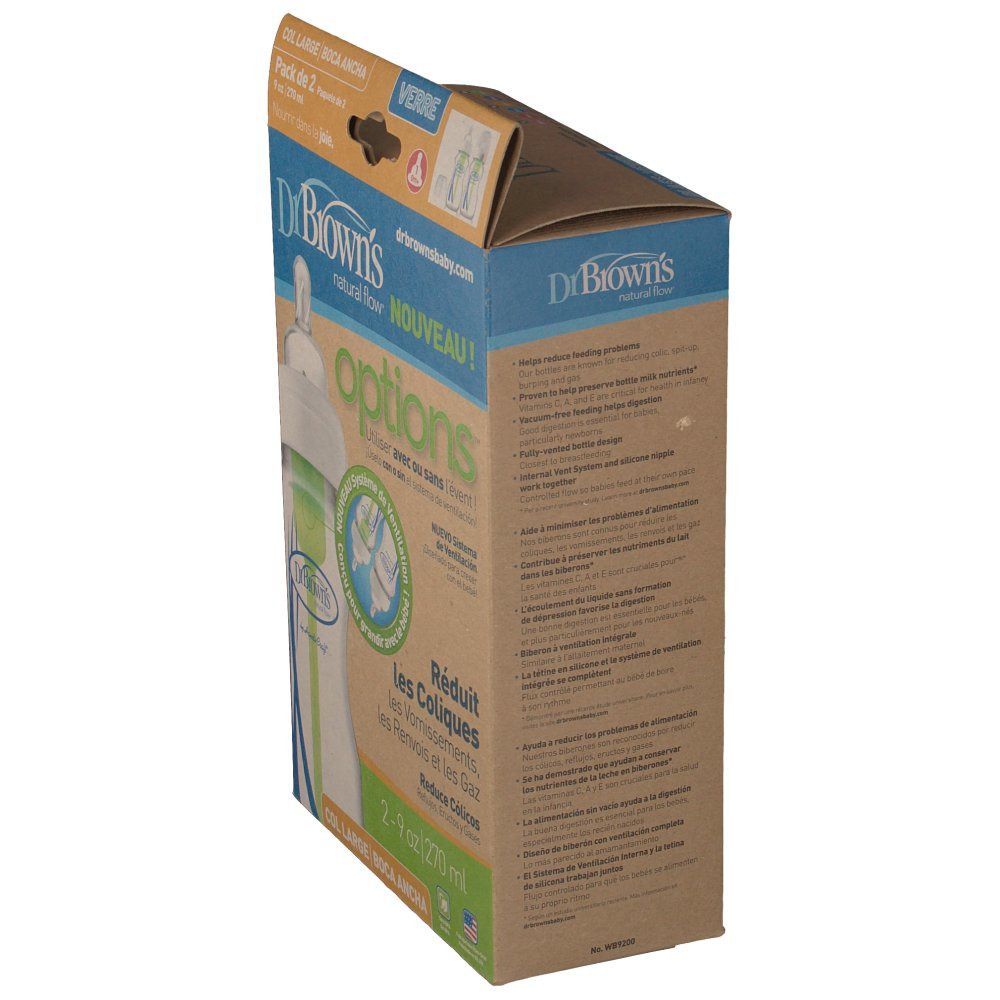 Seitenansicht der Verpackung mit Babyflasche. Text: Dr. Brown's Natural Flow Options. Reduziert Koliken. Informationen zur Flaschenfunktion.