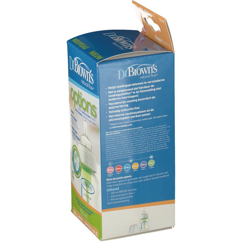 Rückseite der Verpackung der Dr. Browns Options Flasche. Text in mehreren Sprachen, Produktabbildung und Farbcodes.