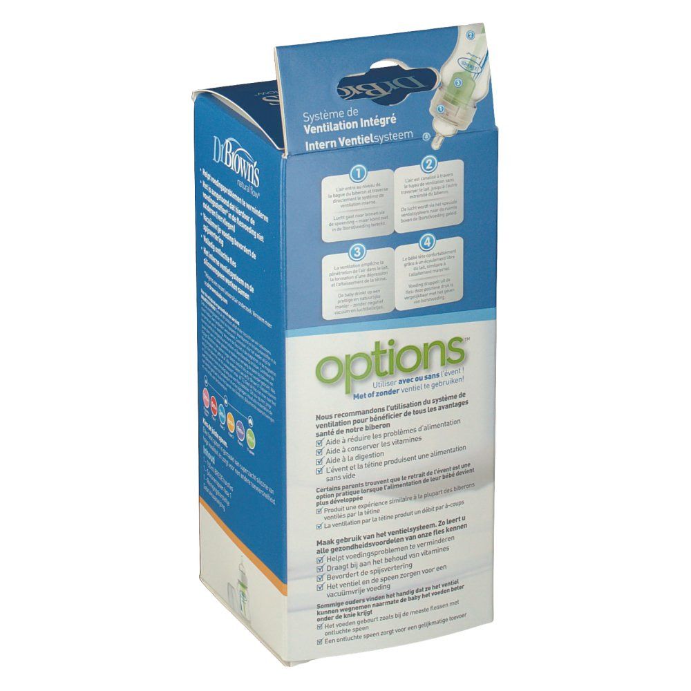 Seite der Verpackung der Dr. Browns Options Flasche. Diagramme und Text über das interne Belüftungssystem.