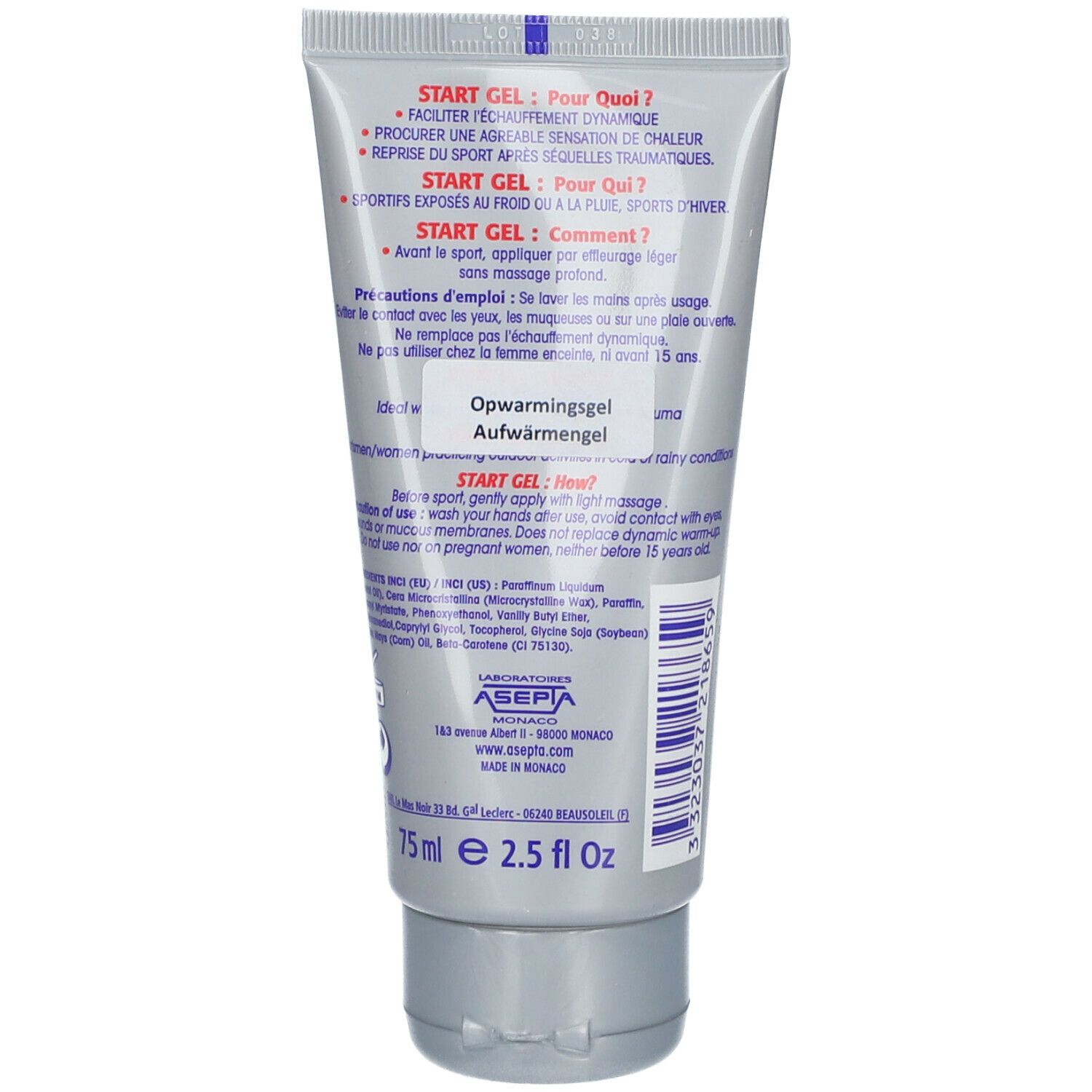 Dos du tube gris. Texte en plusieurs langues. Inscription : START GEL, Opwarmingsgel, Aufwärmungsgel.