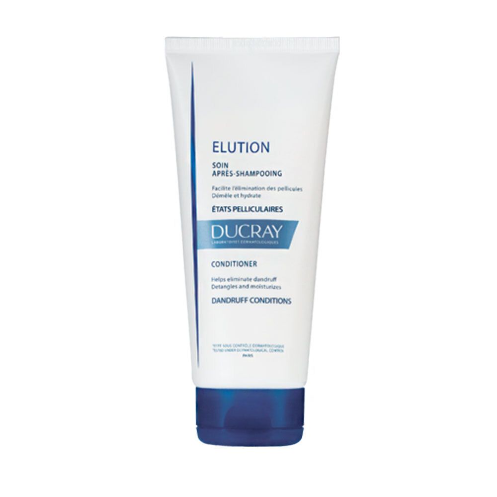 Tube blanc avec bouchon bleu. Inscription : Elution, Ducray, Conditioner. Pour états pelliculaires.