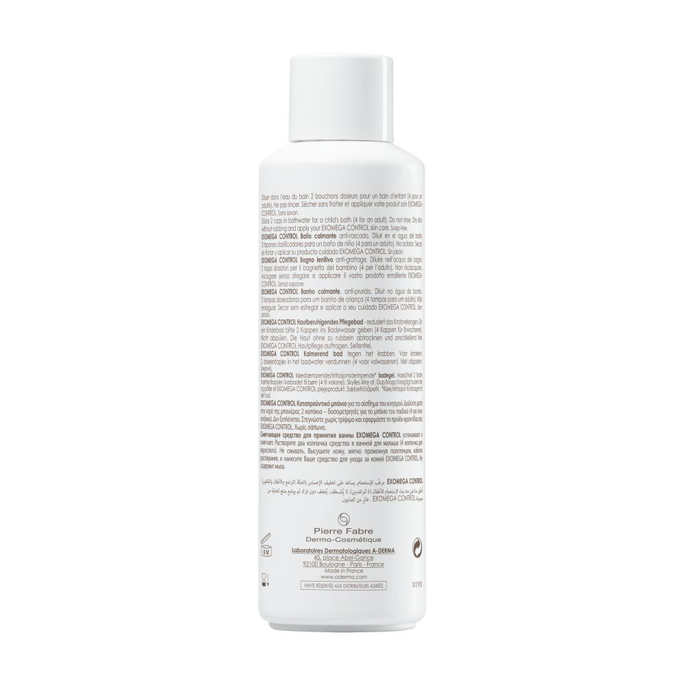 Dos du flacon blanc A-DERMA EXOMEGA CONTROL. Texte en français. Informations fabricant.
