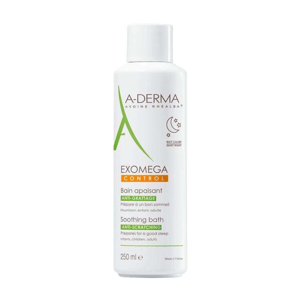 Flacon blanc A-DERMA EXOMEGA CONTROL. Texte: Bain apaisant, Soothing bath. 250 ml. Logo lune. Bouchon blanc.