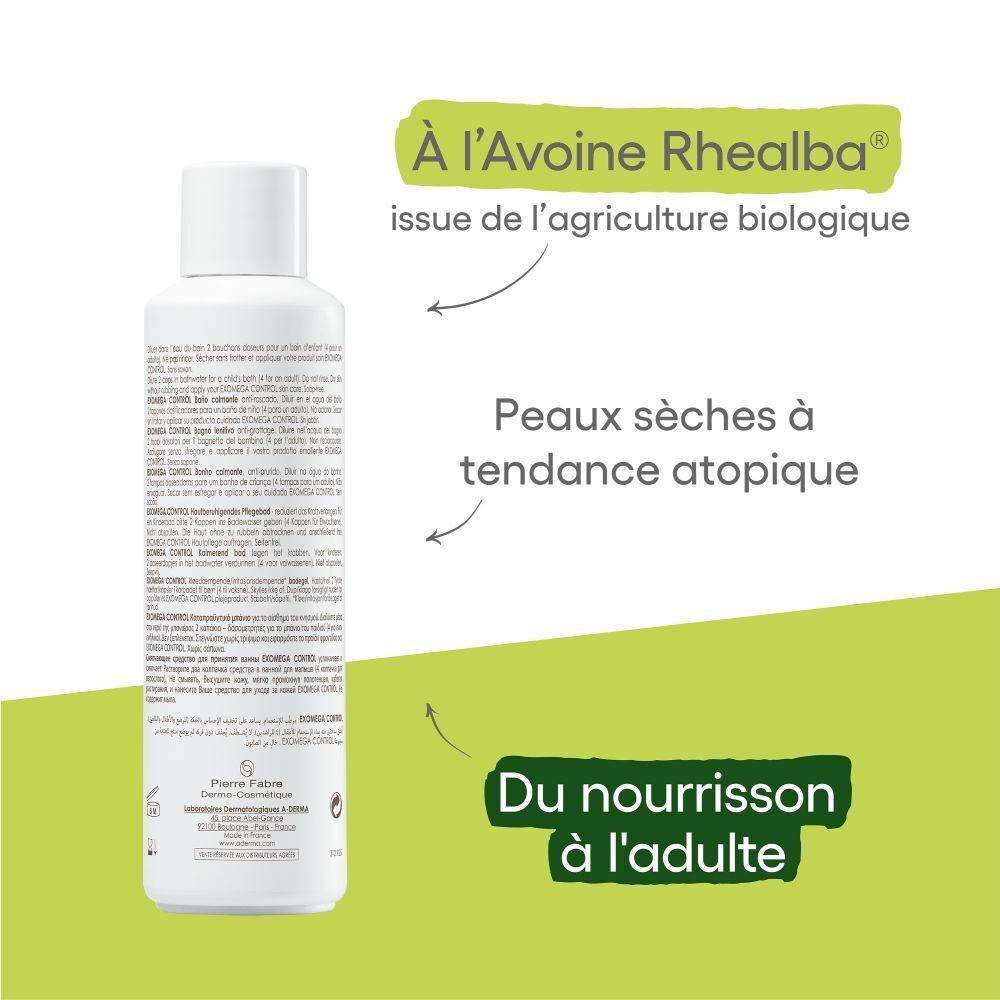 Dos du flacon blanc A-DERMA EXOMEGA CONTROL. Texte en italien. Informations fabricant.