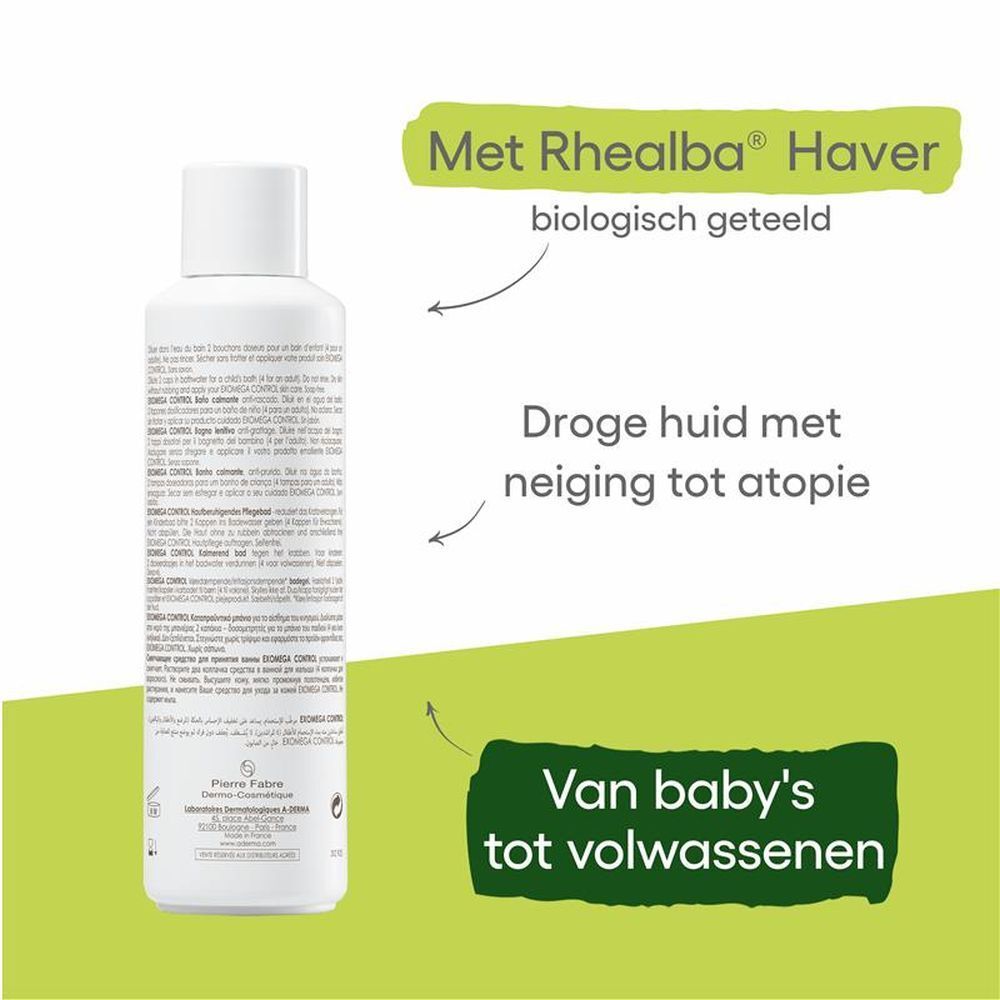 Achterkant witte fles A-DERMA EXOMEGA CONTROL. Nederlandse tekst. Fabrikantinformatie.
