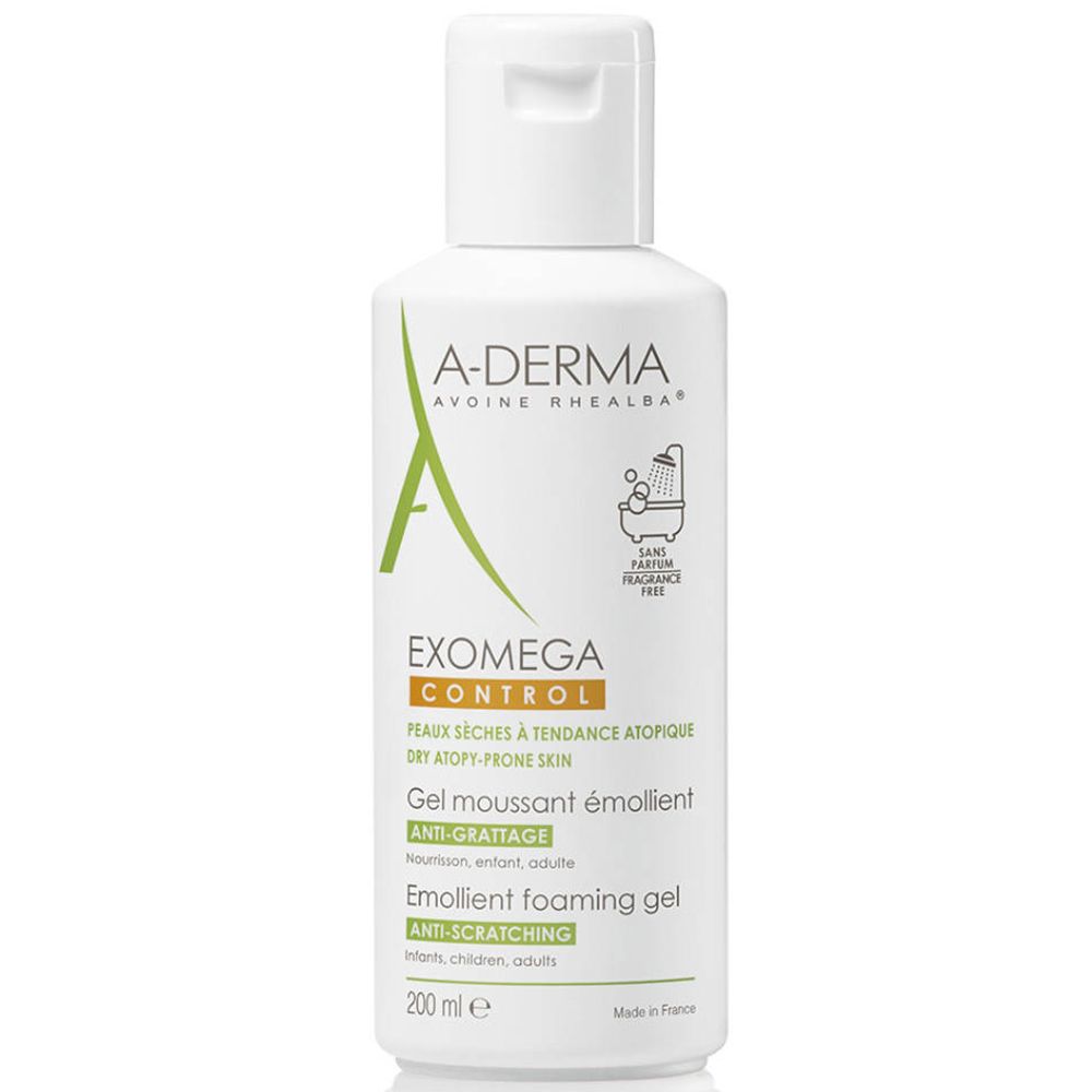 Flacon blanc A-DERMA EXOMEGA CONTROL. Gel moussant émollient, 200 ml. Sans parfum. Logo douche. Pour peaux sèches à tendance atopique.