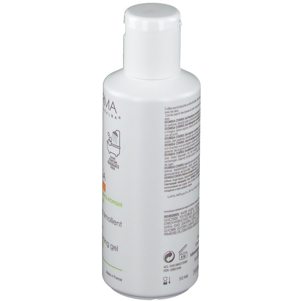 Flacon blanc A-DERMA EXOMEGA CONTROL, vue latérale. Ingrédients et informations. 200 ml. Fabriqué en France. Logo.