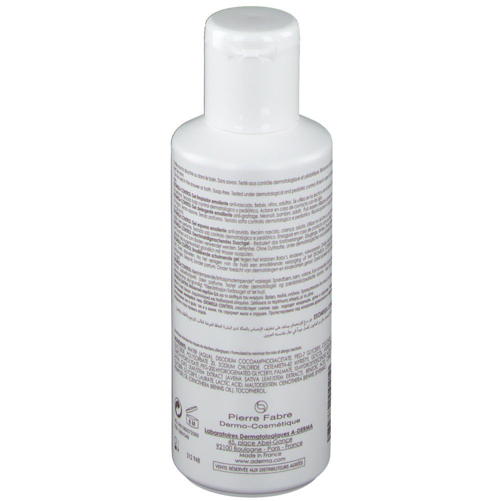 Flacon blanc A-DERMA EXOMEGA CONTROL, dos. Texte et logo Pierre Fabre. 200 ml. Fabriqué en France.
