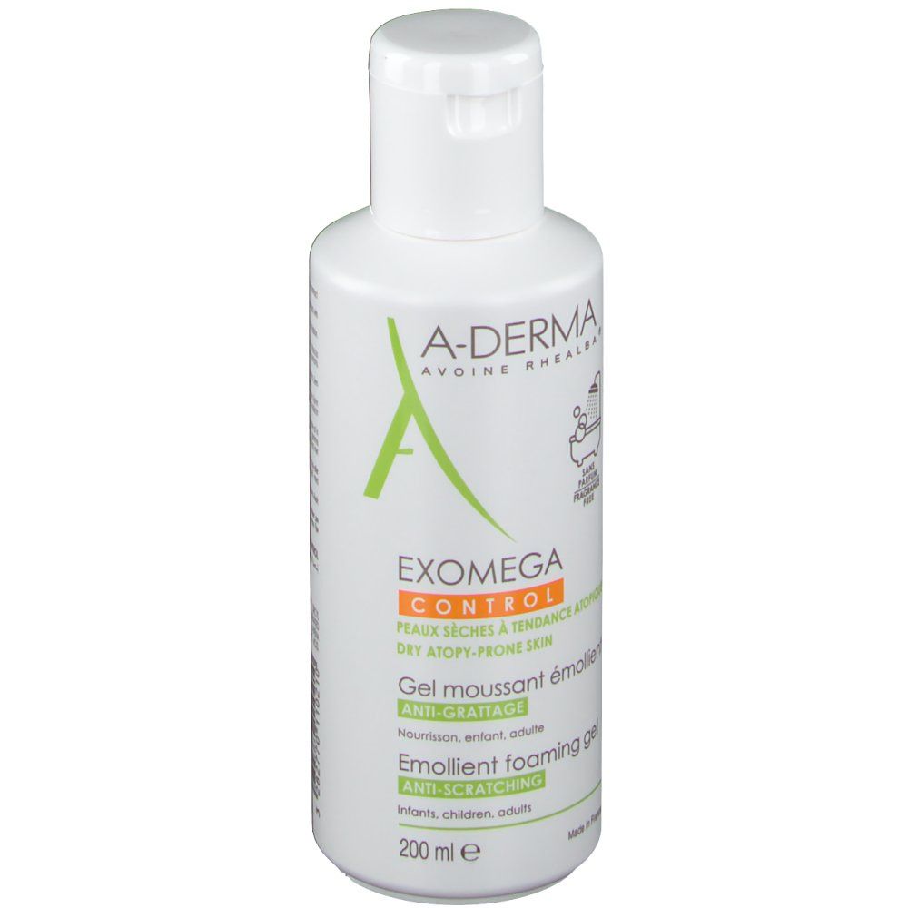 Flacon blanc A-DERMA EXOMEGA CONTROL. Gel moussant émollient, 200 ml. Pour peaux sèches à tendance atopique.