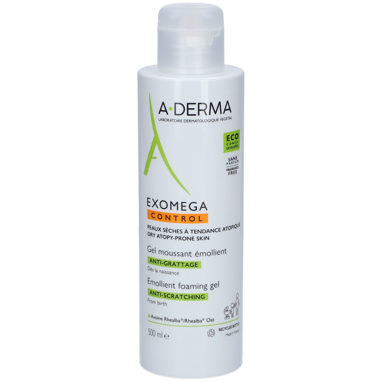 Flacon blanc avec logo A-DERMA et nom du produit. Gel pour peaux sèches à tendance atopique.