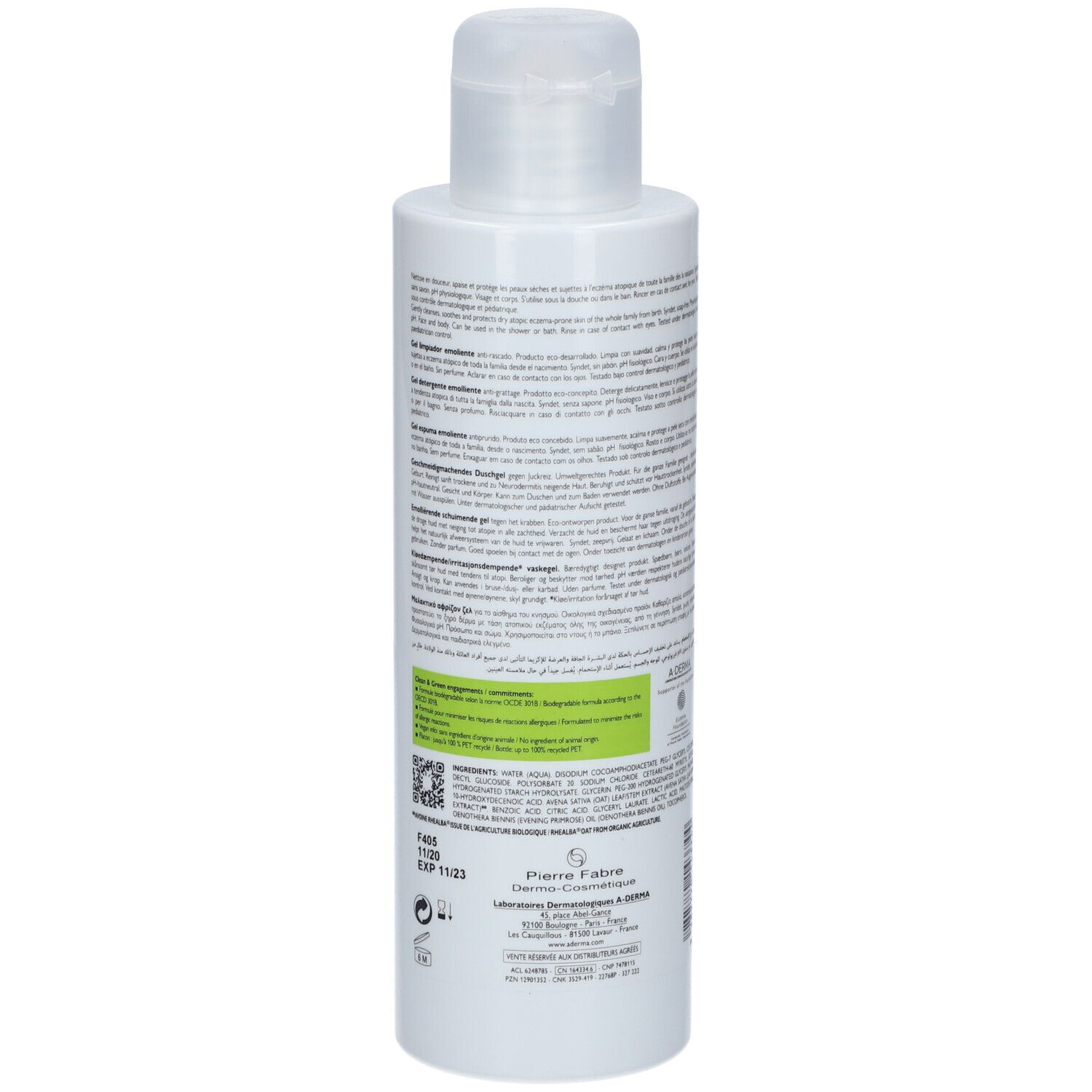 Dos du flacon blanc avec texte. Informations sur le produit et code-barres. Informations fabricant.