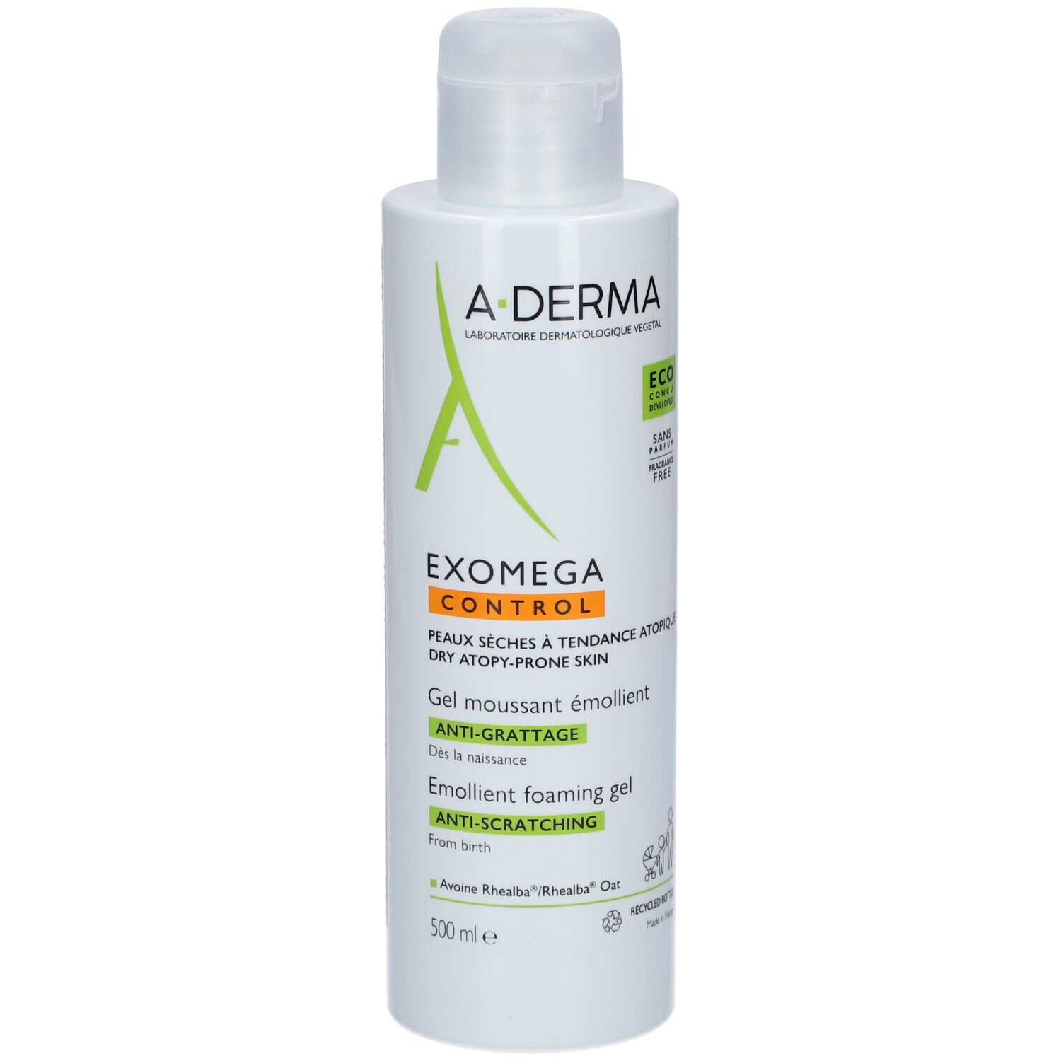 Flacon blanc avec logo A-DERMA et nom du produit. Gel pour peaux sèches à tendance atopique.