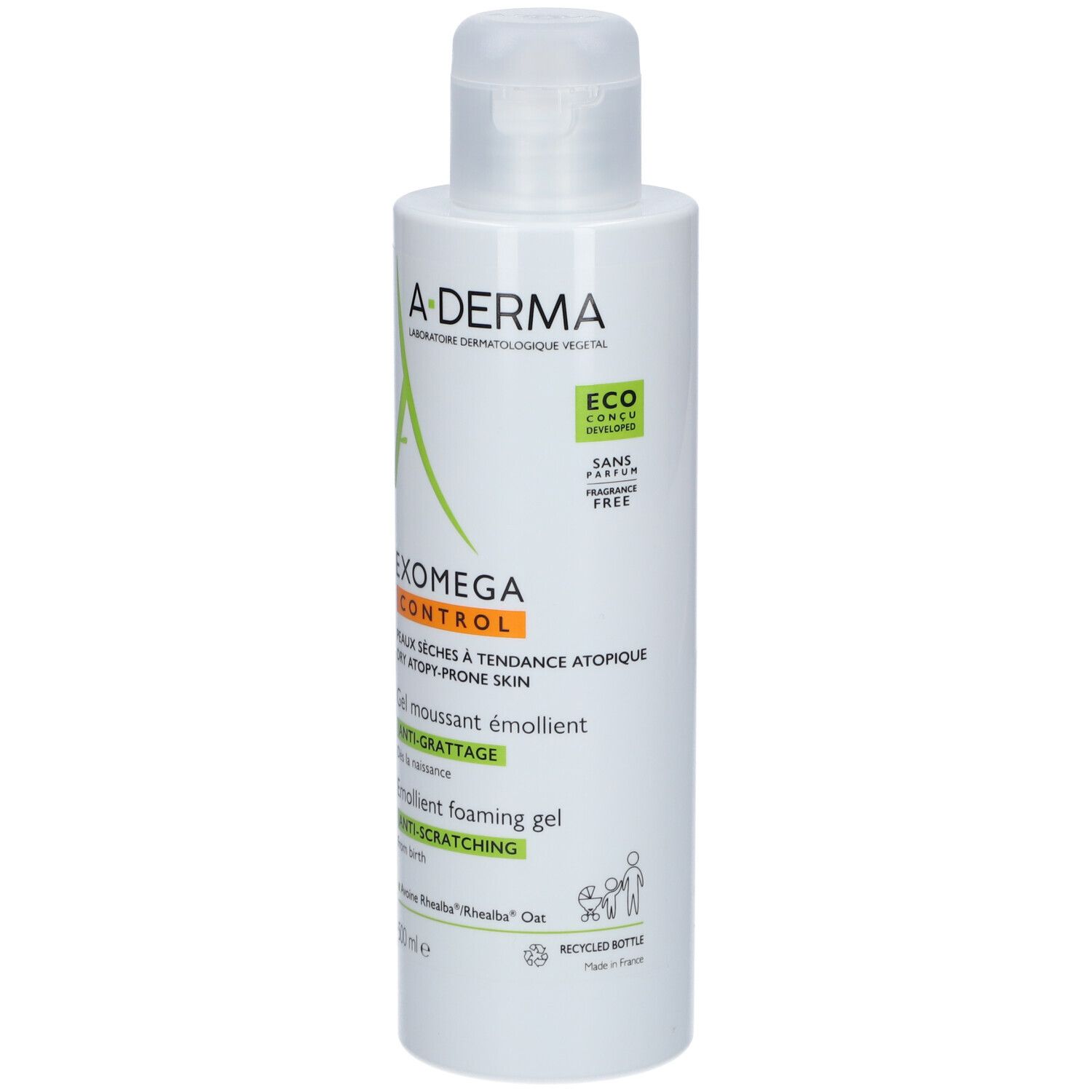 Flacon blanc avec logo A-DERMA et nom du produit. Gel pour peaux sèches à tendance atopique.