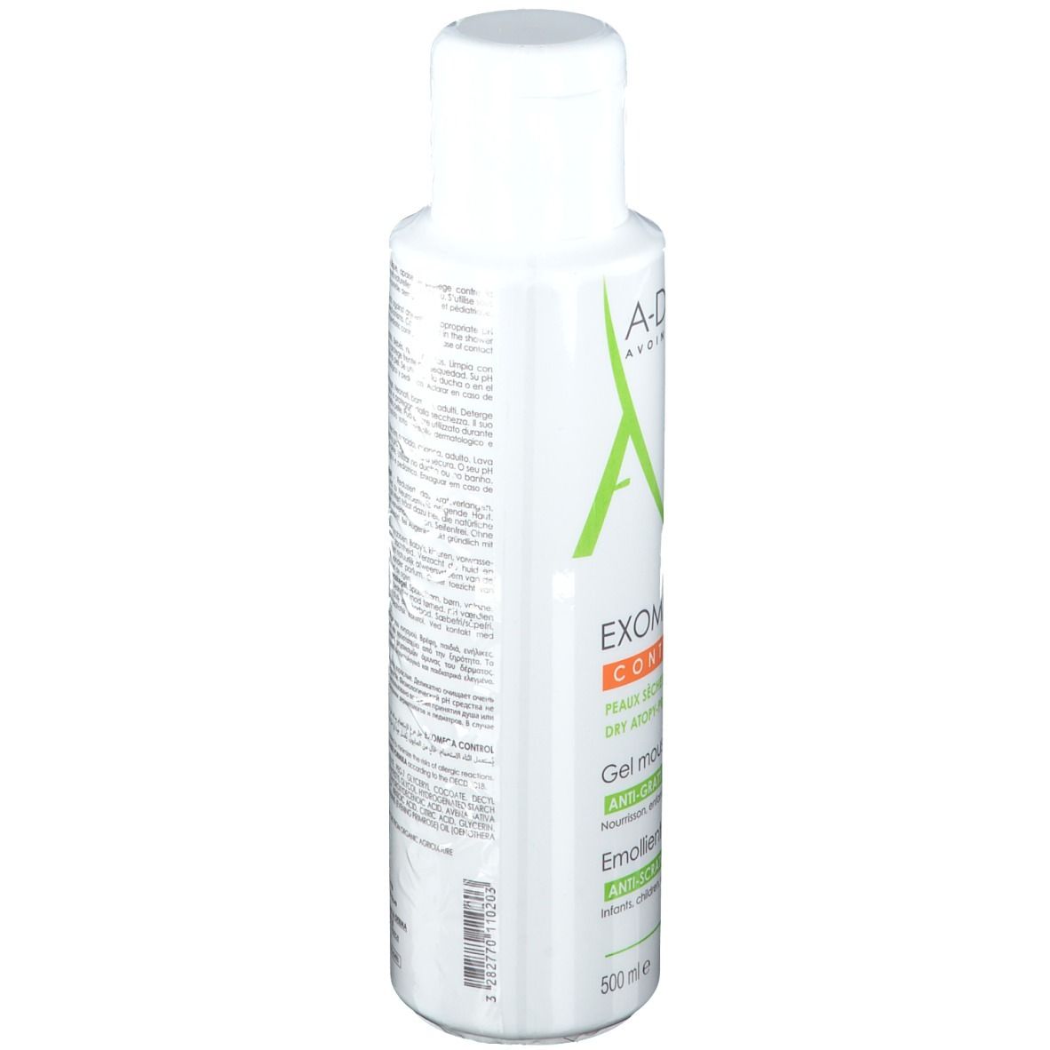Dos du flacon blanc avec texte. Informations sur le produit et code-barres. Informations fabricant.