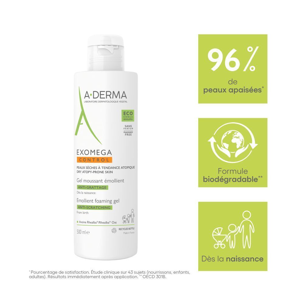 Flacon blanc avec logo A-DERMA et nom du produit. Gel pour peaux sèches à tendance atopique.