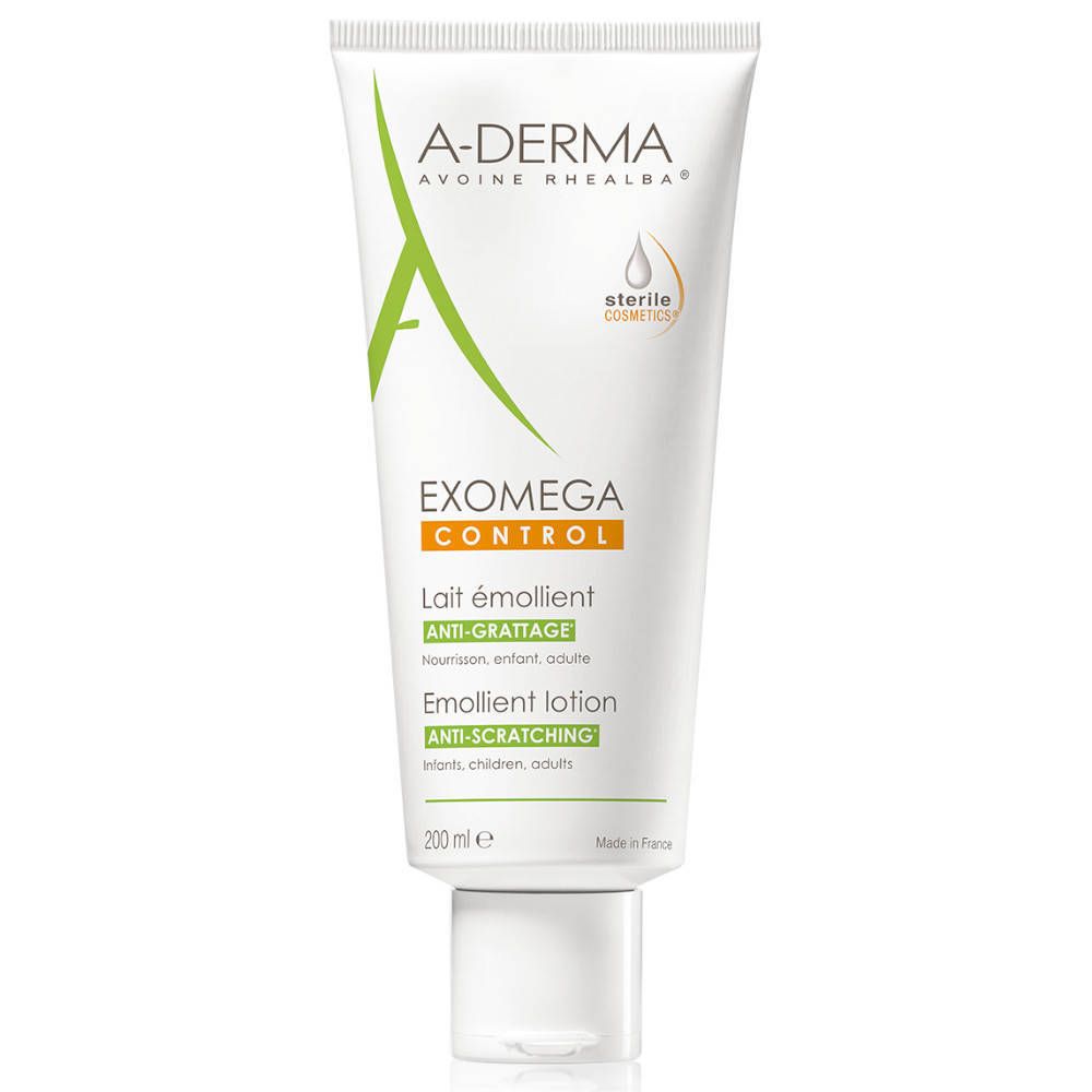 Tubo bianco A-Derma EXOMEGA CONTROL. Emollient Lotion, 200 ml. Cosmetici sterili. Scritta verde e bianca.