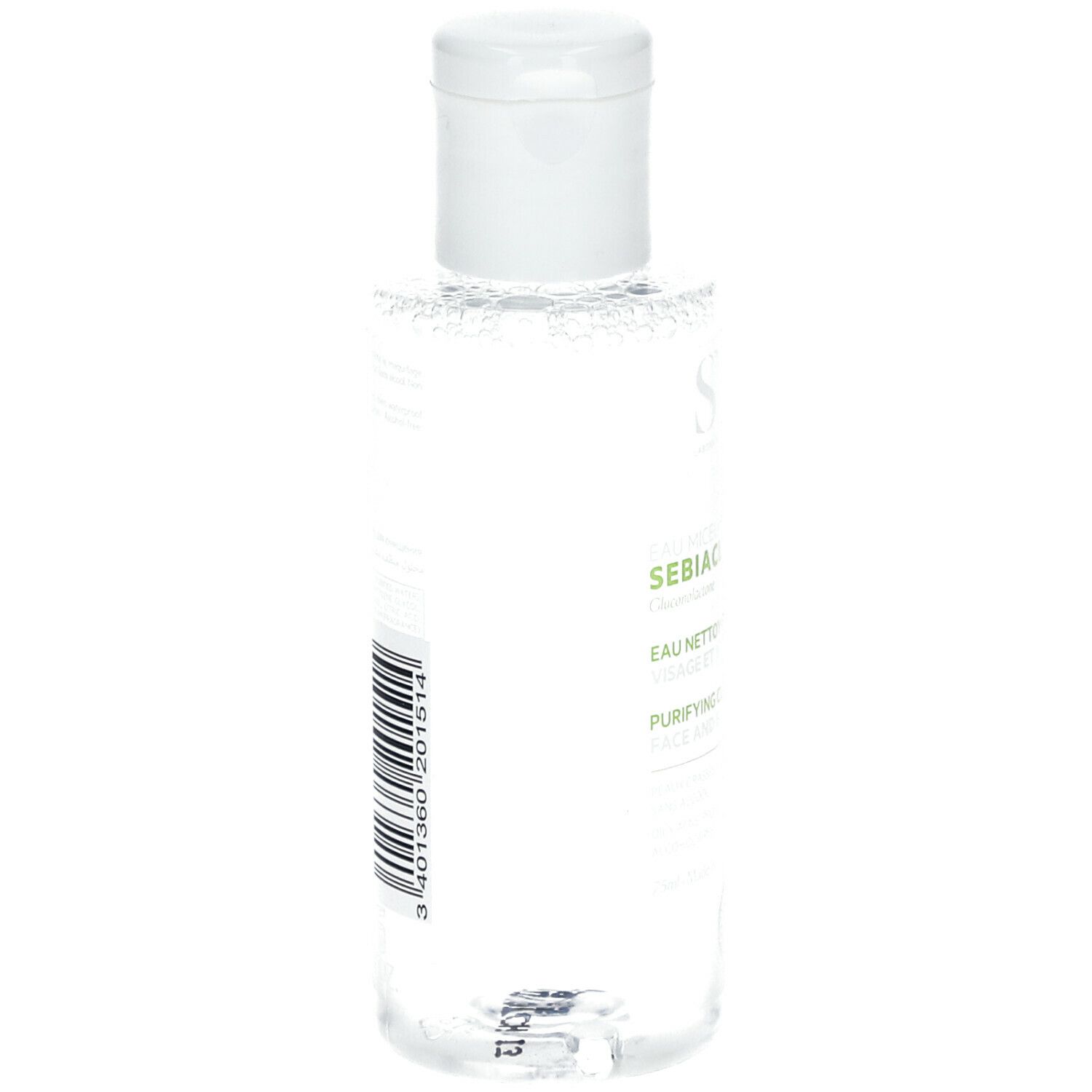Flacon transparent avec bouchon blanc. Inscriptions: SEBIACLEAR, Eau Nettoyante Purifiante. Code-barres et symbole de recyclage sur le côté.