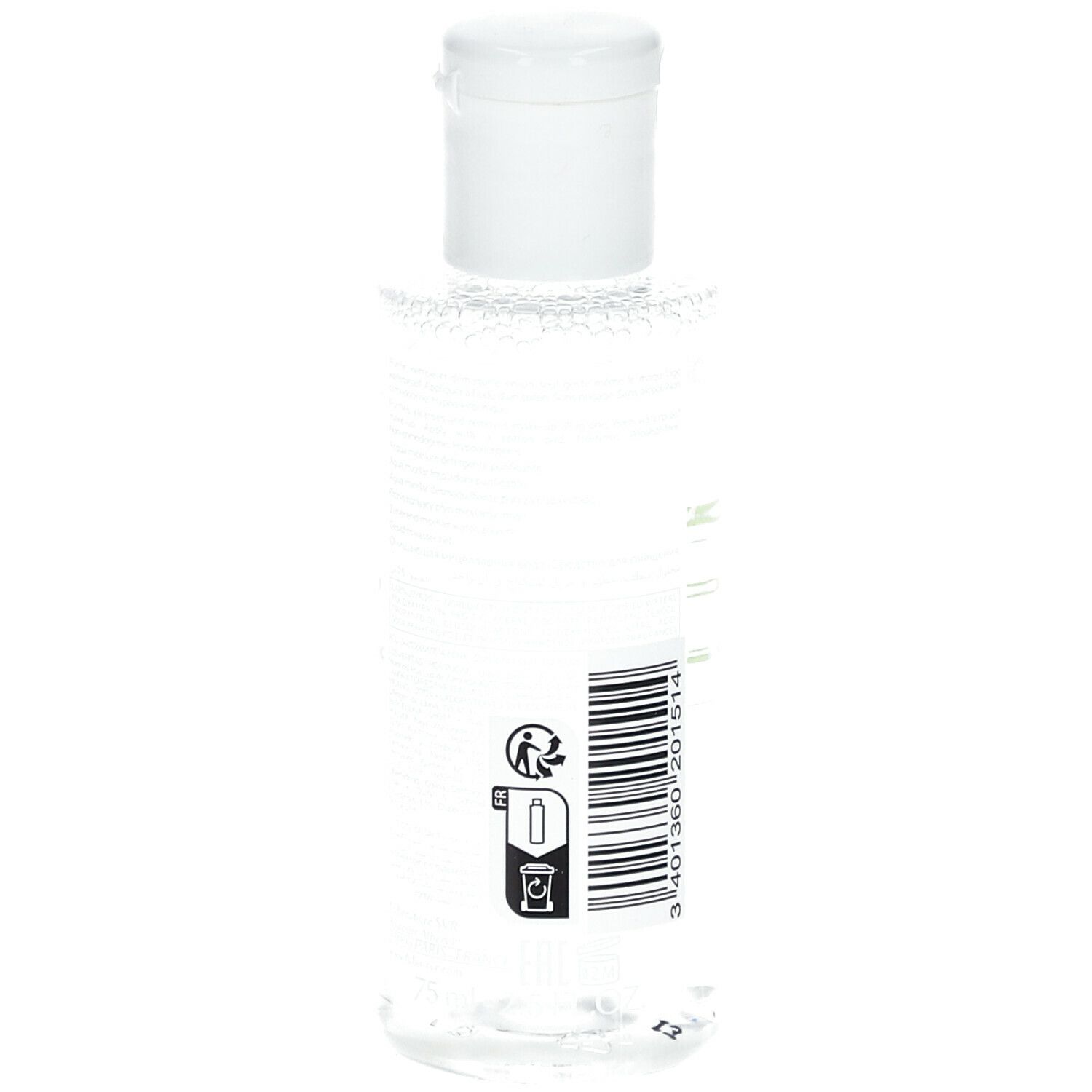 Flacon transparent avec bouchon blanc. Symbole de recyclage et code-barres sur le côté. Aucun autre détail visible.