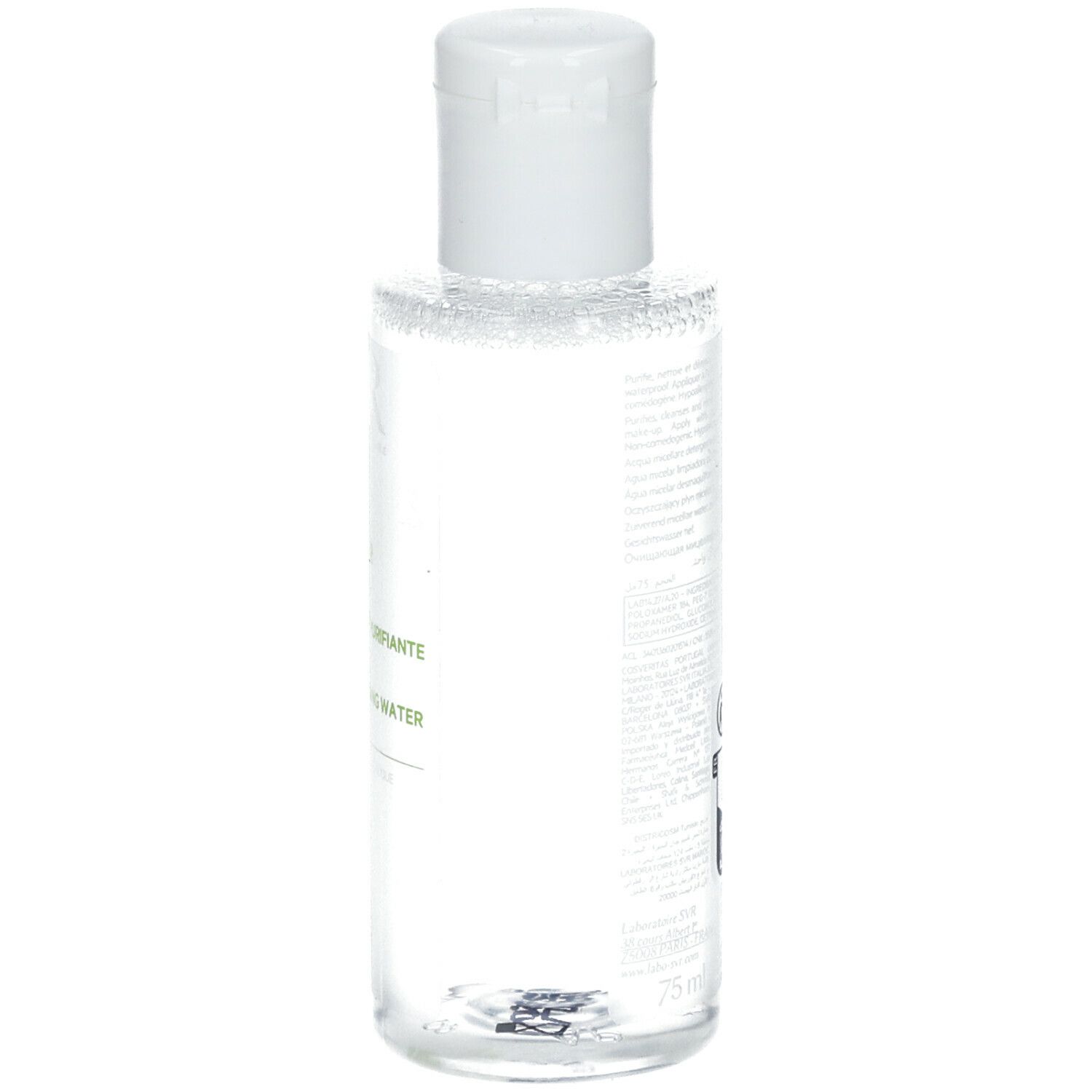 Flacon transparent avec bouchon blanc. Inscriptions: Eau Nettoyante Purifiante, 75ml. Code-barres sur le côté.