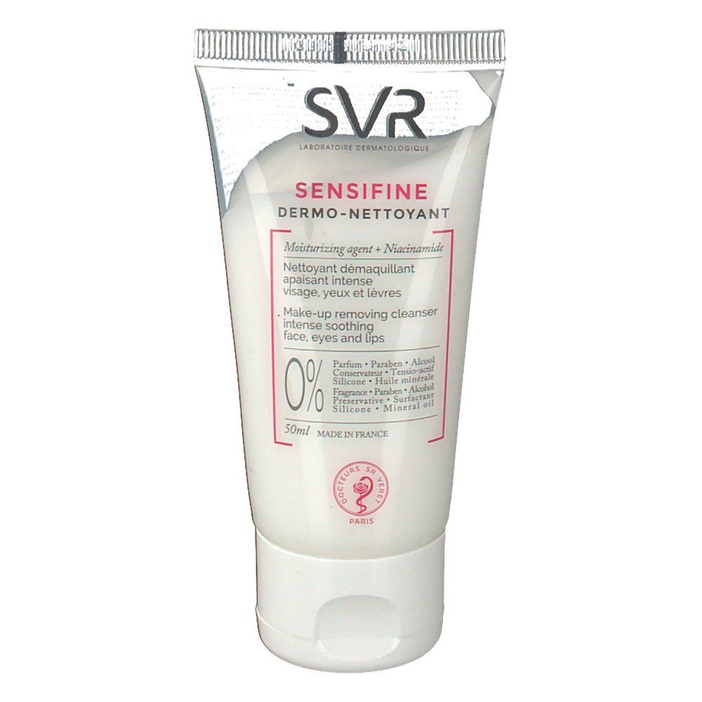 Tube blanc SVR Sensifine Dermo-Nettoyant. Ingrédients : Moisturizing agent, Niacinamide. 0% ingrédients. Fabriqué en France.
