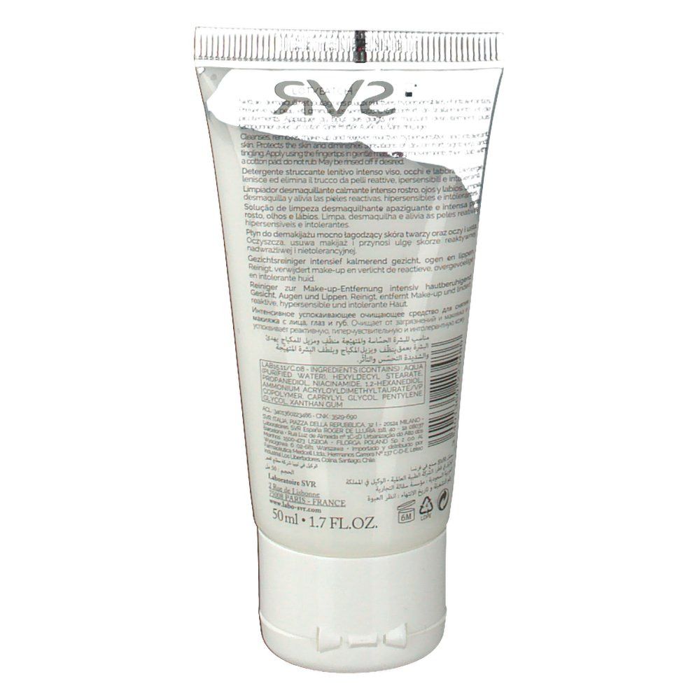 Dos du tube blanc SVR Sensifine Dermo-Nettoyant. Texte multilingue. 50ml. Fabriqué en France.