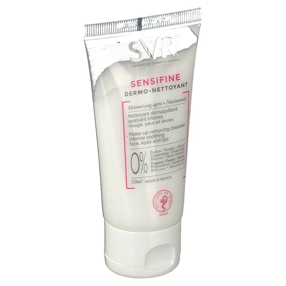 Tube blanc SVR Sensifine Dermo-Nettoyant. Ingrédients : Moisturizing agent, Niacinamide. 0% ingrédients. Fabriqué en France.