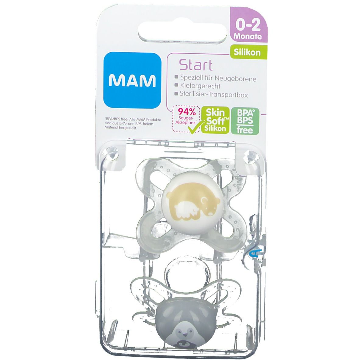 Sucette MAM Start en silicone dans son emballage. 0-2 mois. Boîte de transport stérilisable. Sans BPA/BPS.