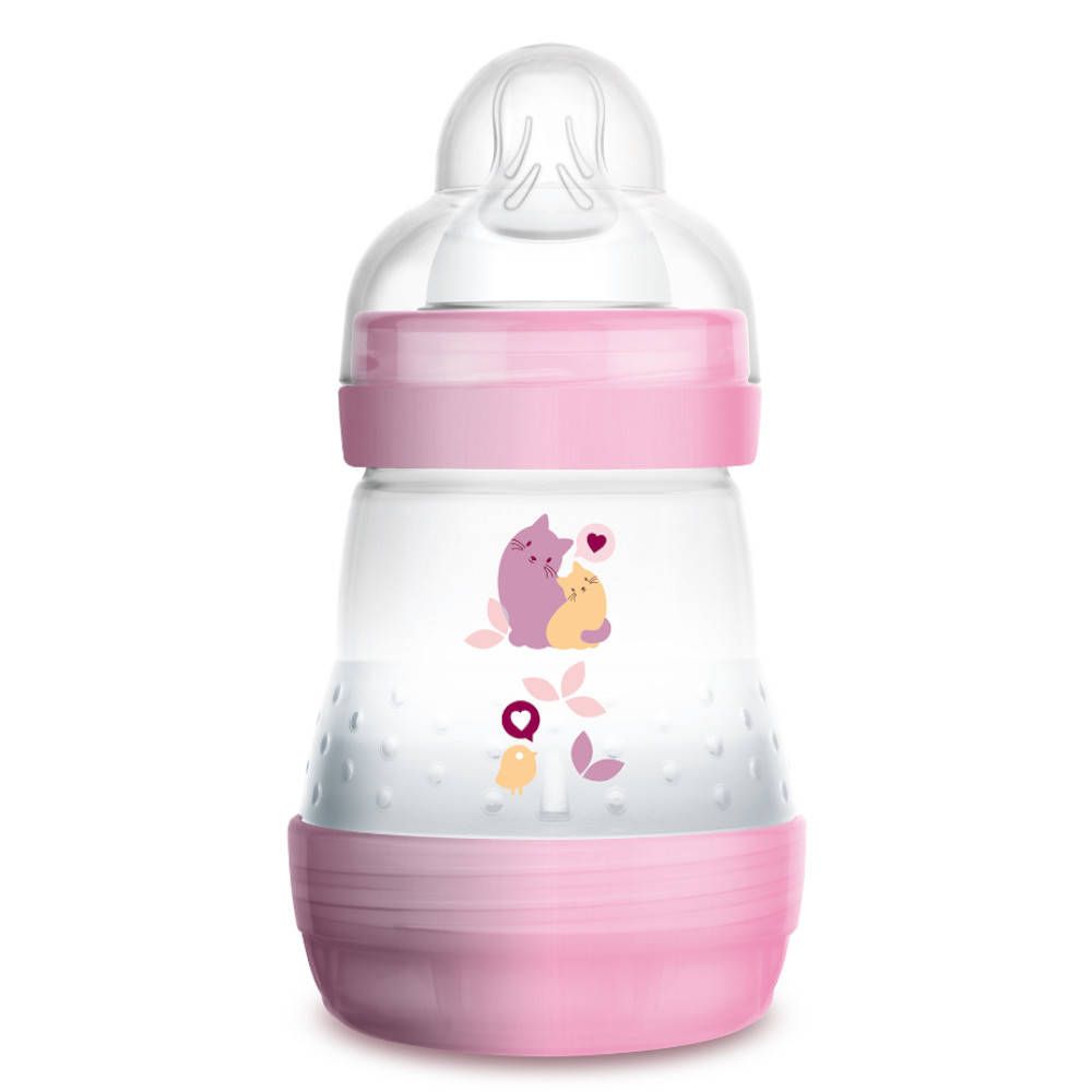 Biberon rose et transparent avec illustrations. Logo MAM et fonction anti-colique.