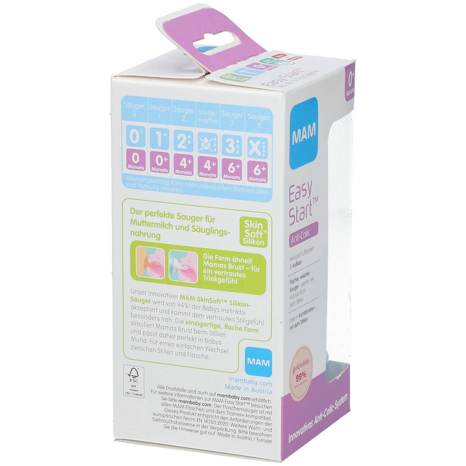 Rückseite der MAM Easy Start™ Anti-Colic Verpackung. Produktinformationen, Altersangaben, und MAM Logo.
