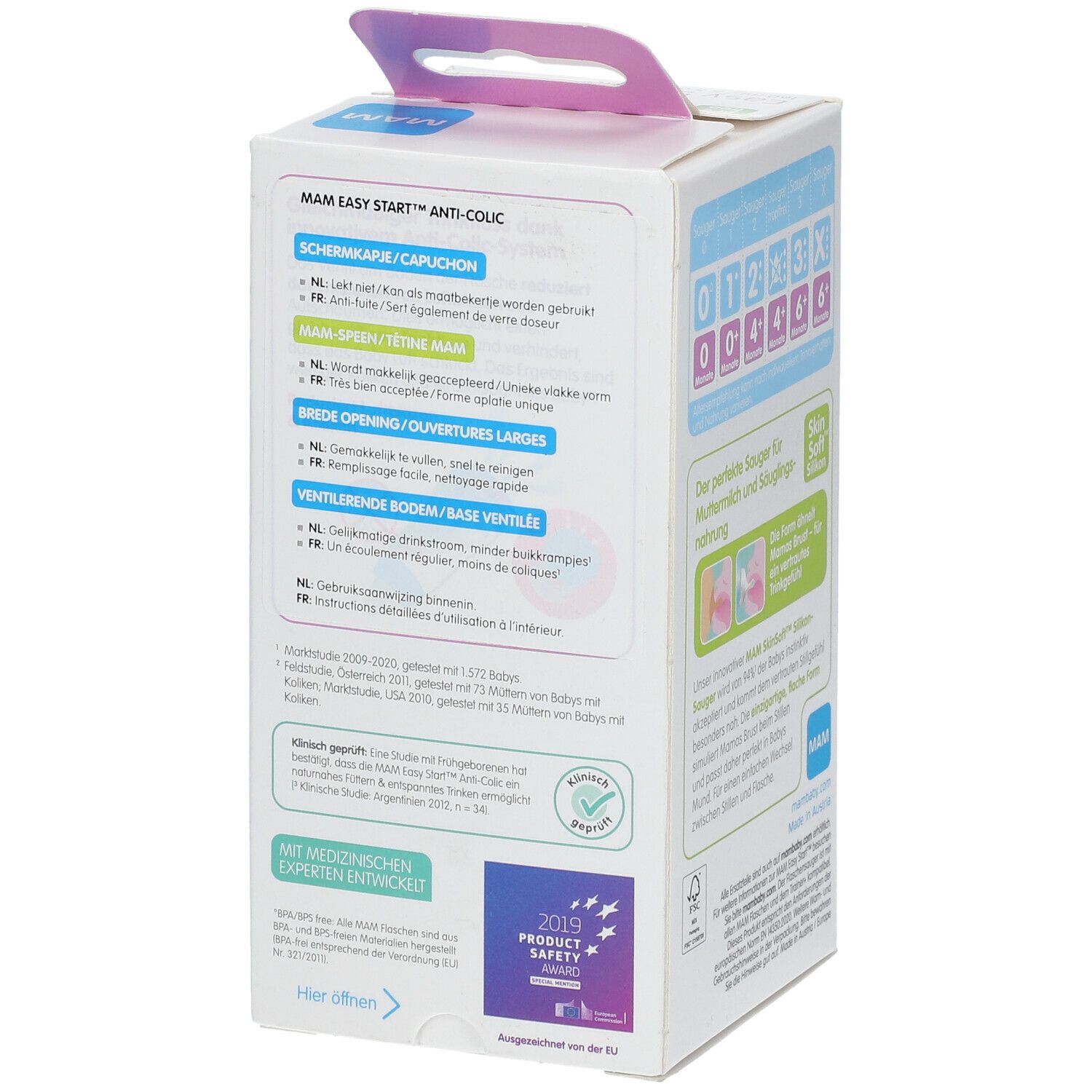 Seite der MAM Easy Start™ Anti-Colic Verpackung. Informationen zu Sauger, Öffnung, und Boden.