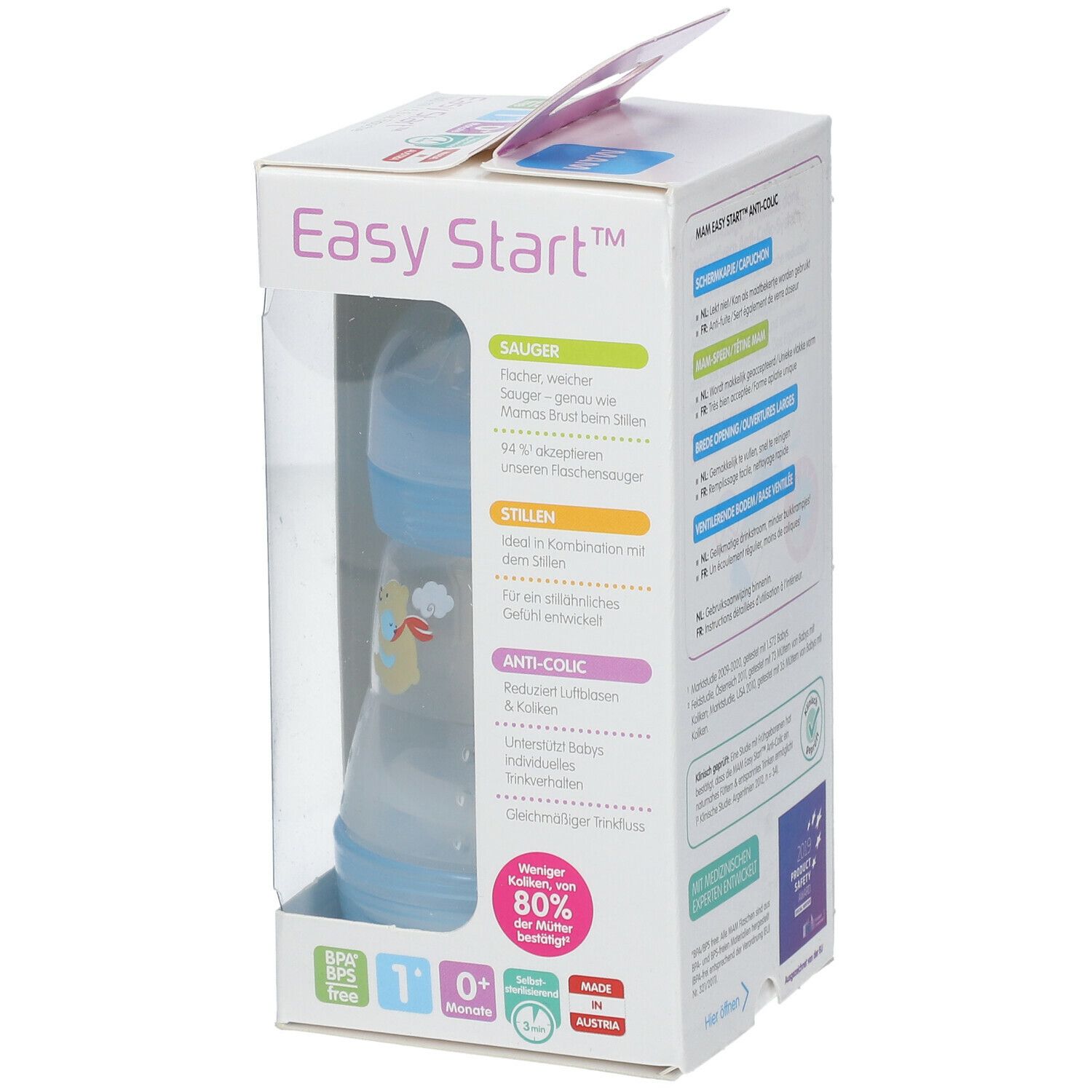 MAM Easy Start™ Anti-Colic Babyflasche in Verpackung. Blaue Flasche, transparente Verpackung, 0+ Monate.