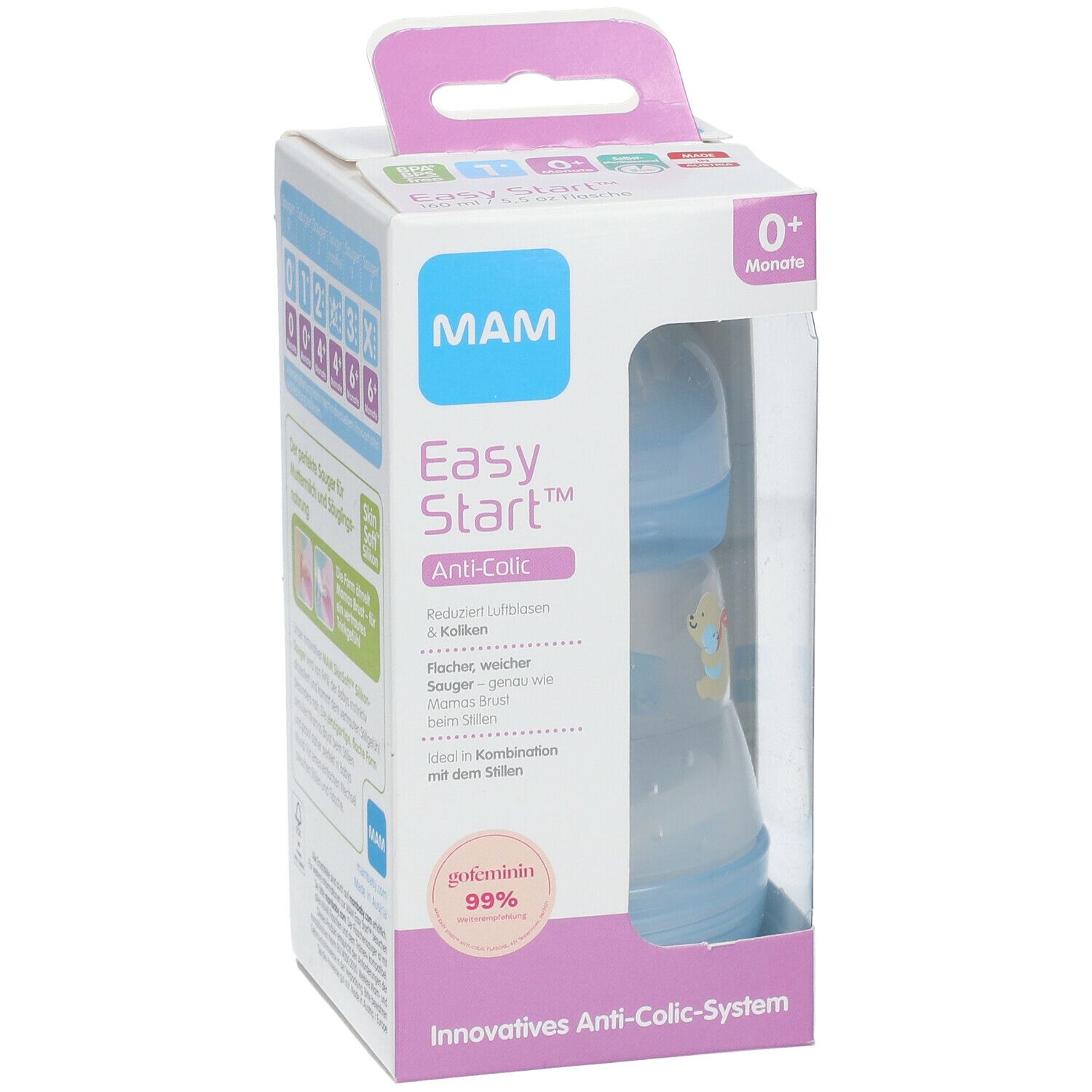 MAM Easy Start™ Anti-Colic Babyflasche in Verpackung. Blaue Flasche, transparente Verpackung, 0+ Monate.