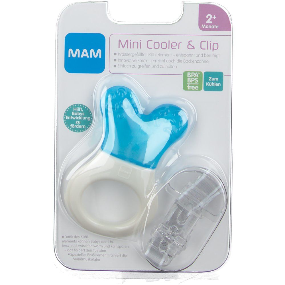 MAM Mini Cooler & Clip Beißring in Verpackung. Blauer Kühlteil, weißer Ring, transparenter Clip. BPA-frei.
