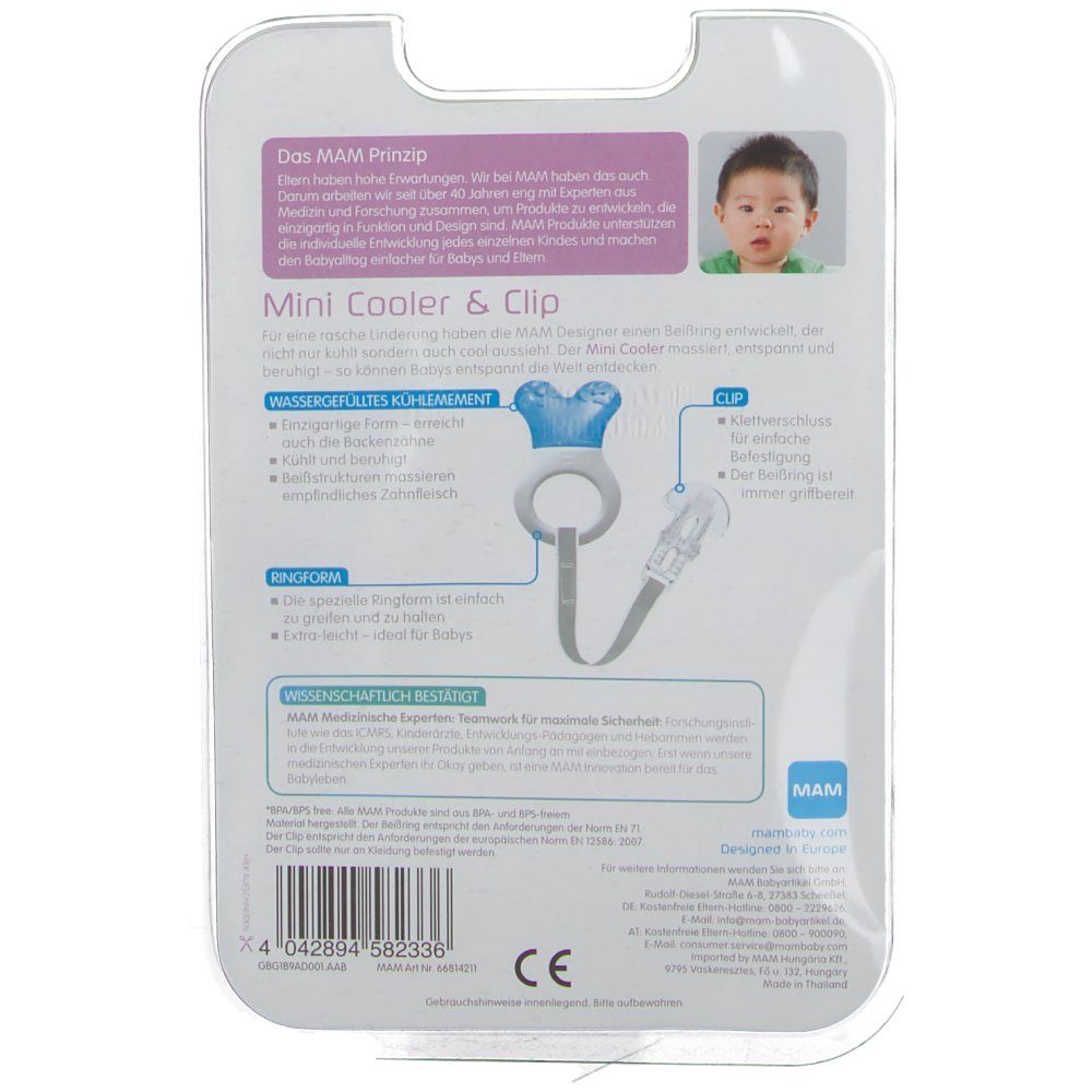 Rückseite der MAM Mini Cooler & Clip Verpackung. Produktabbildung, Text, Clip-Befestigung. BPA-frei.
