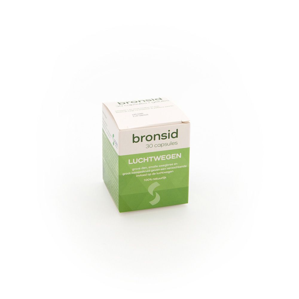 Karton BRONSID, 30 Kapseln. Grün-weiße Verpackung mit Produktnamen und Aufschrift 'LUCHTWEGEN'.