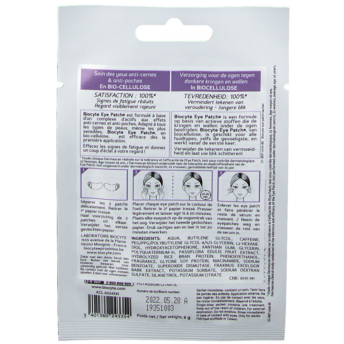 Dos du sachet d'Eye Patch. Texte en allemand et français. Contient instructions et ingrédients. Marque: Biocyte.