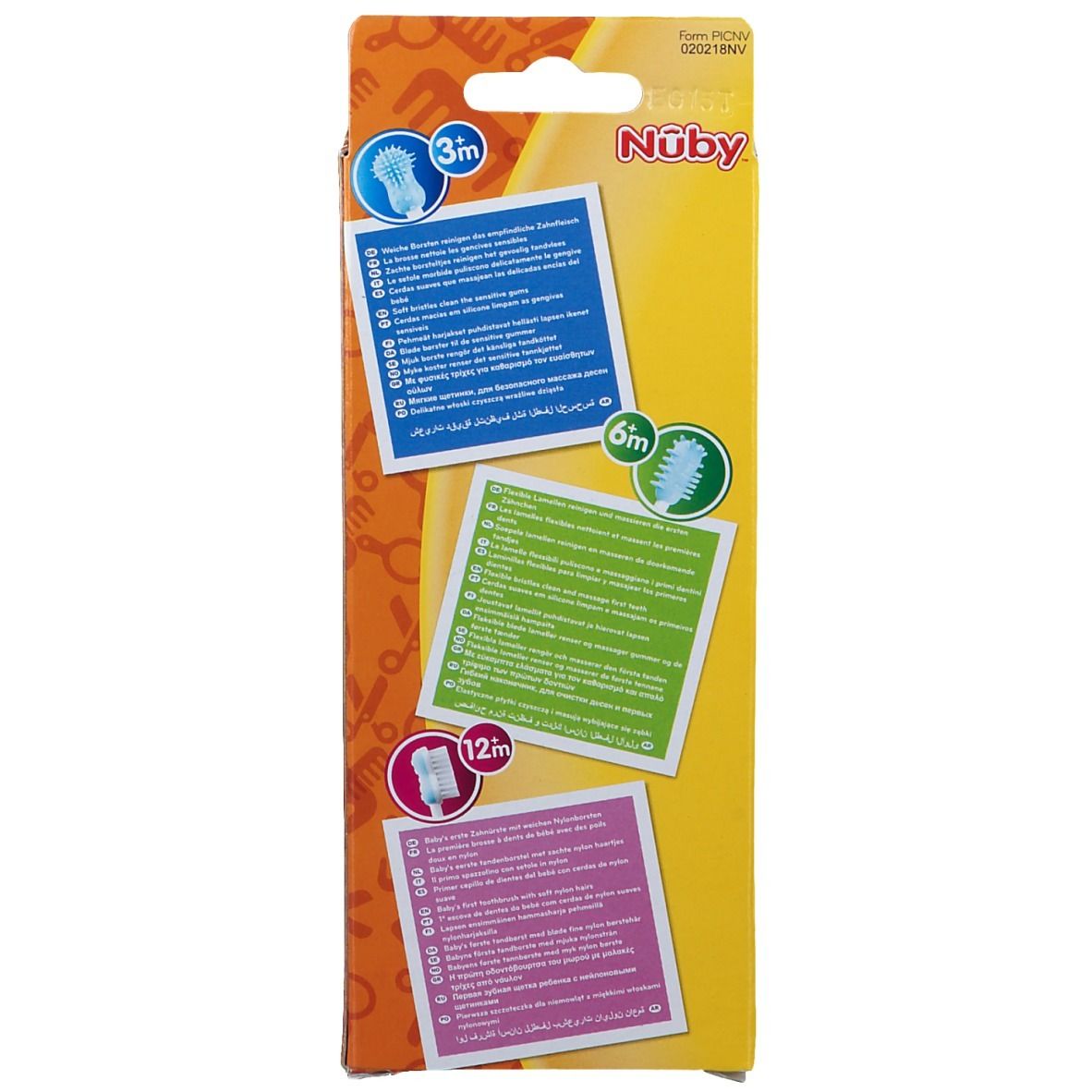 Dos de l'emballage. Informations sur les brosses à dents. Pour 3m, 6m et 12m. Marque : Nûby.