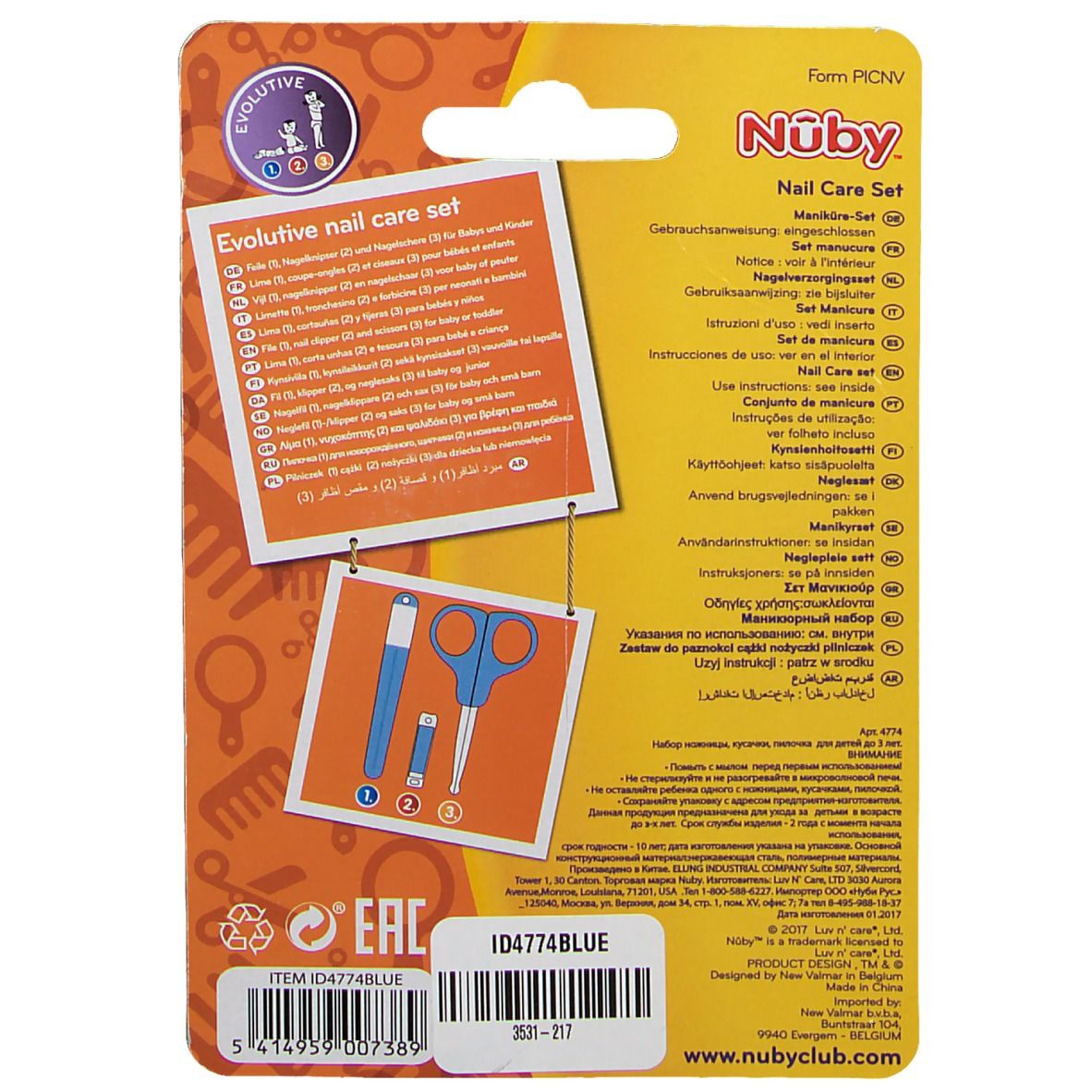 Dos de l'emballage du set de manucure Nuby. Informations produit et illustrations des éléments.